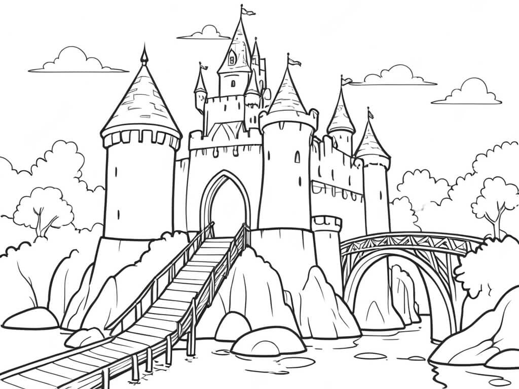 Schloss mit Brücke Ausmalbild