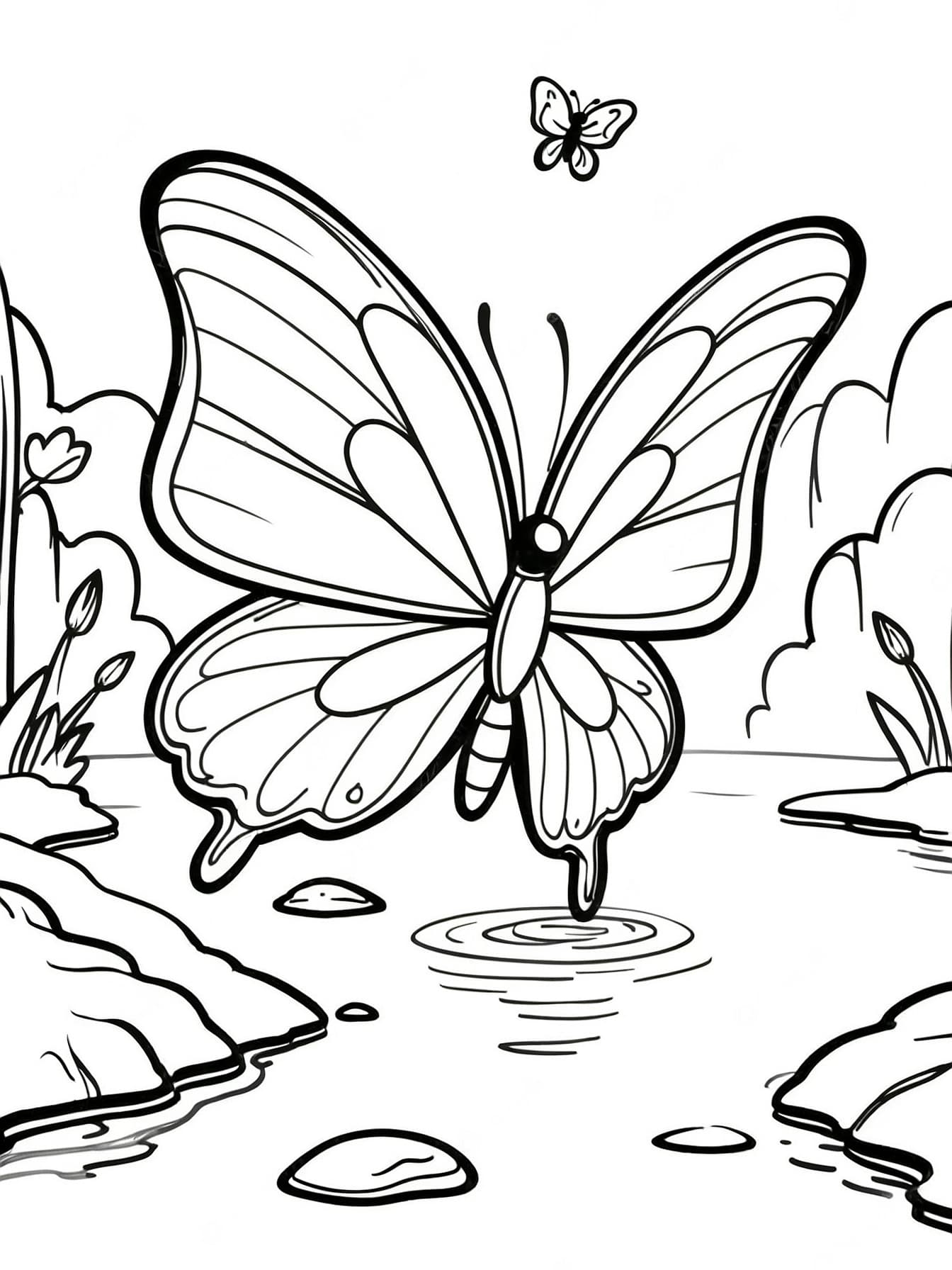 Schmetterling am ruhigen Bach Ausmalbild