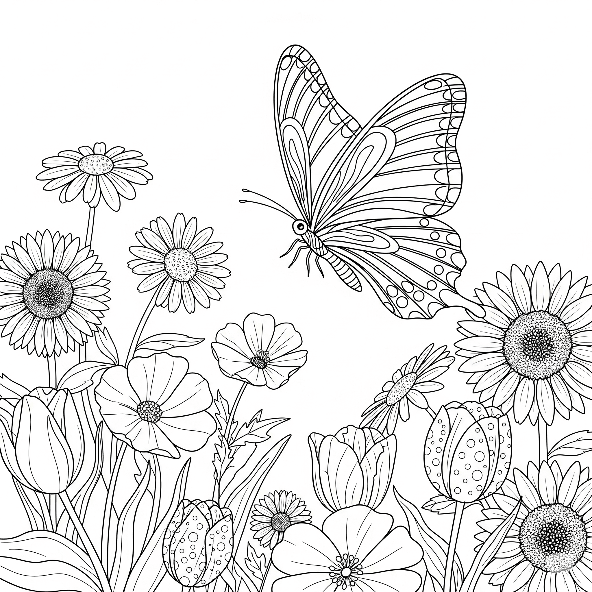 Schmetterling auf Blumenfeld Ausmalbild