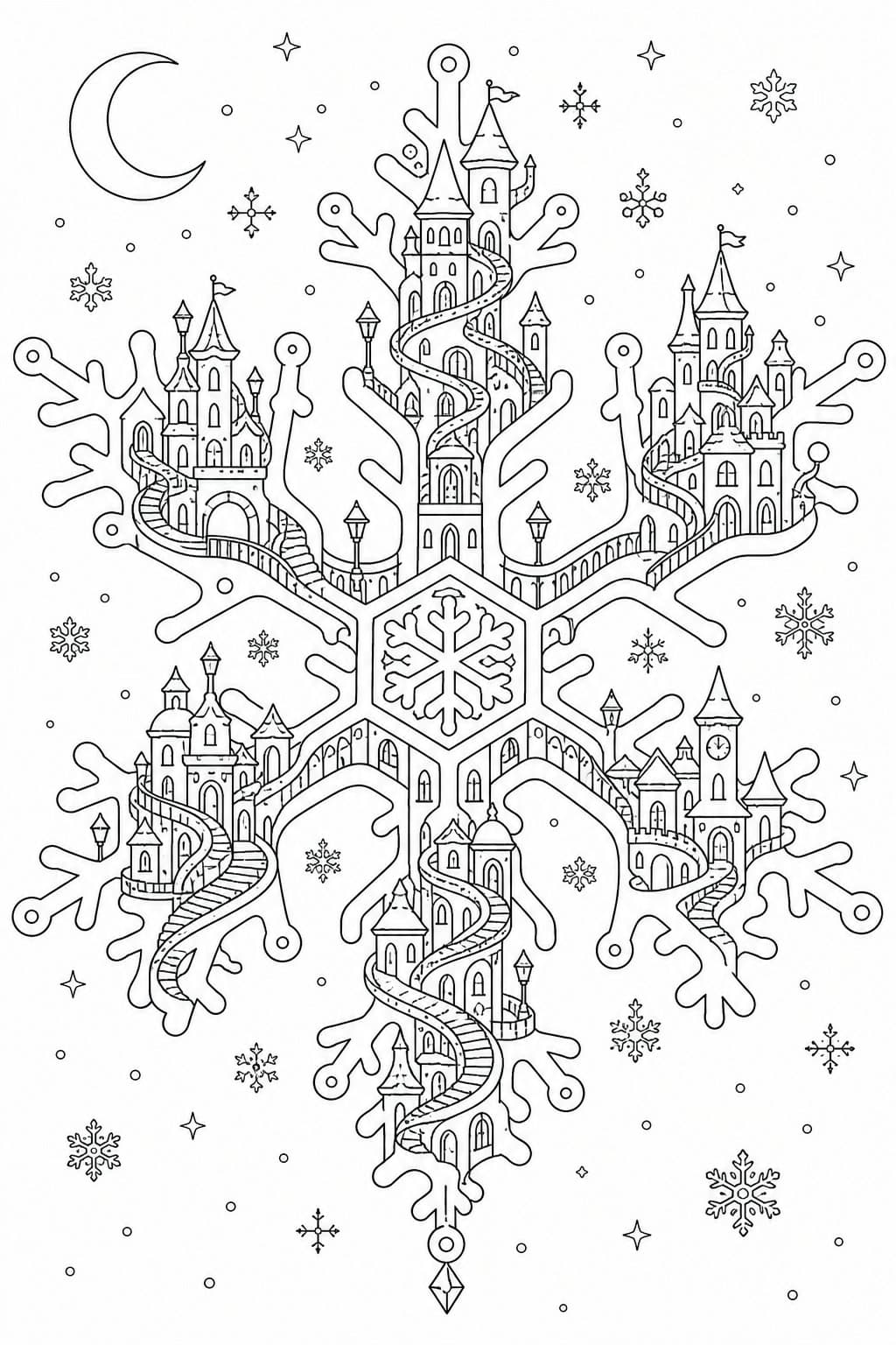 Fantasiestadt in einer Schneeflocke Ausmalbild