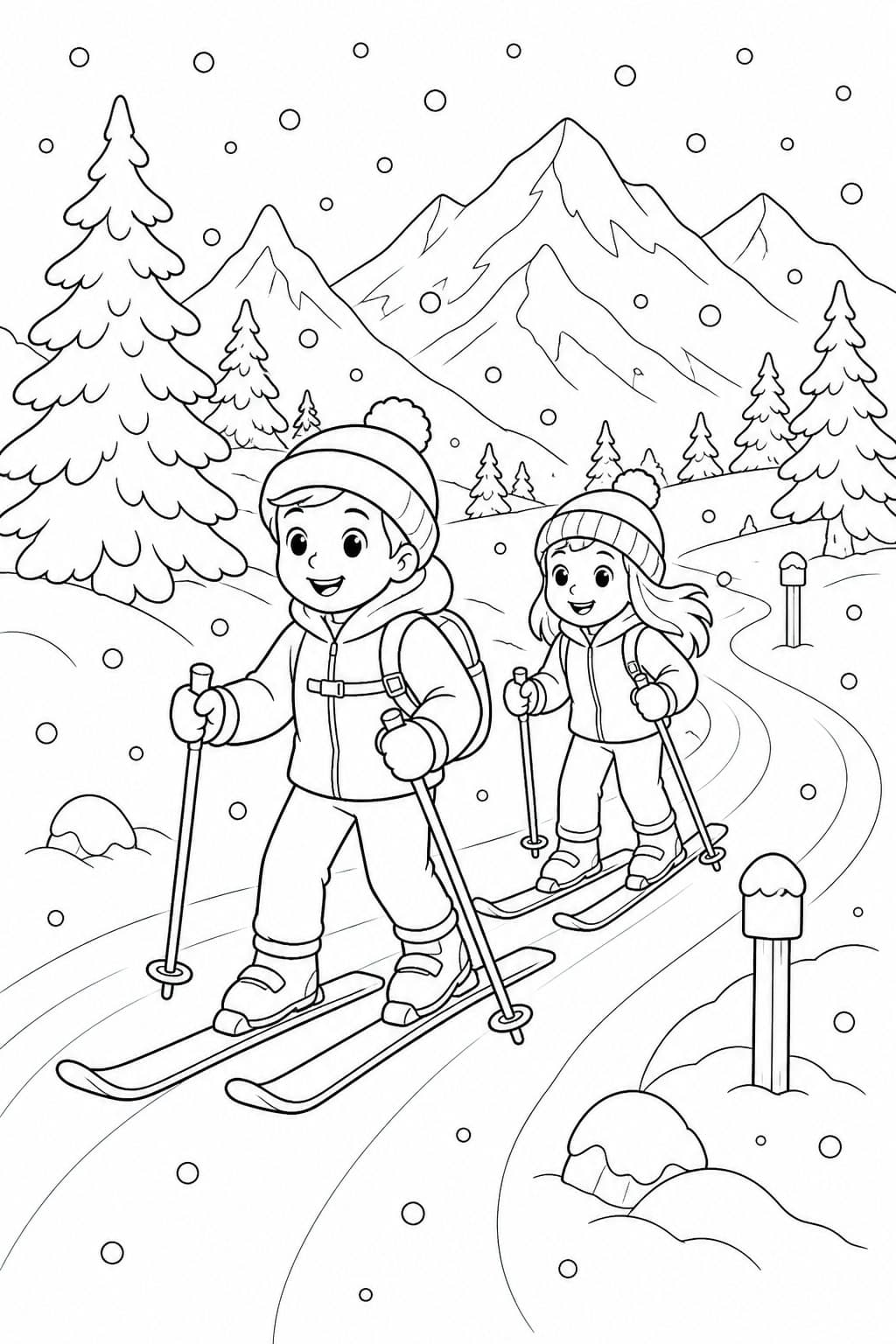 Kinder beim Skifahren Ausmalbild