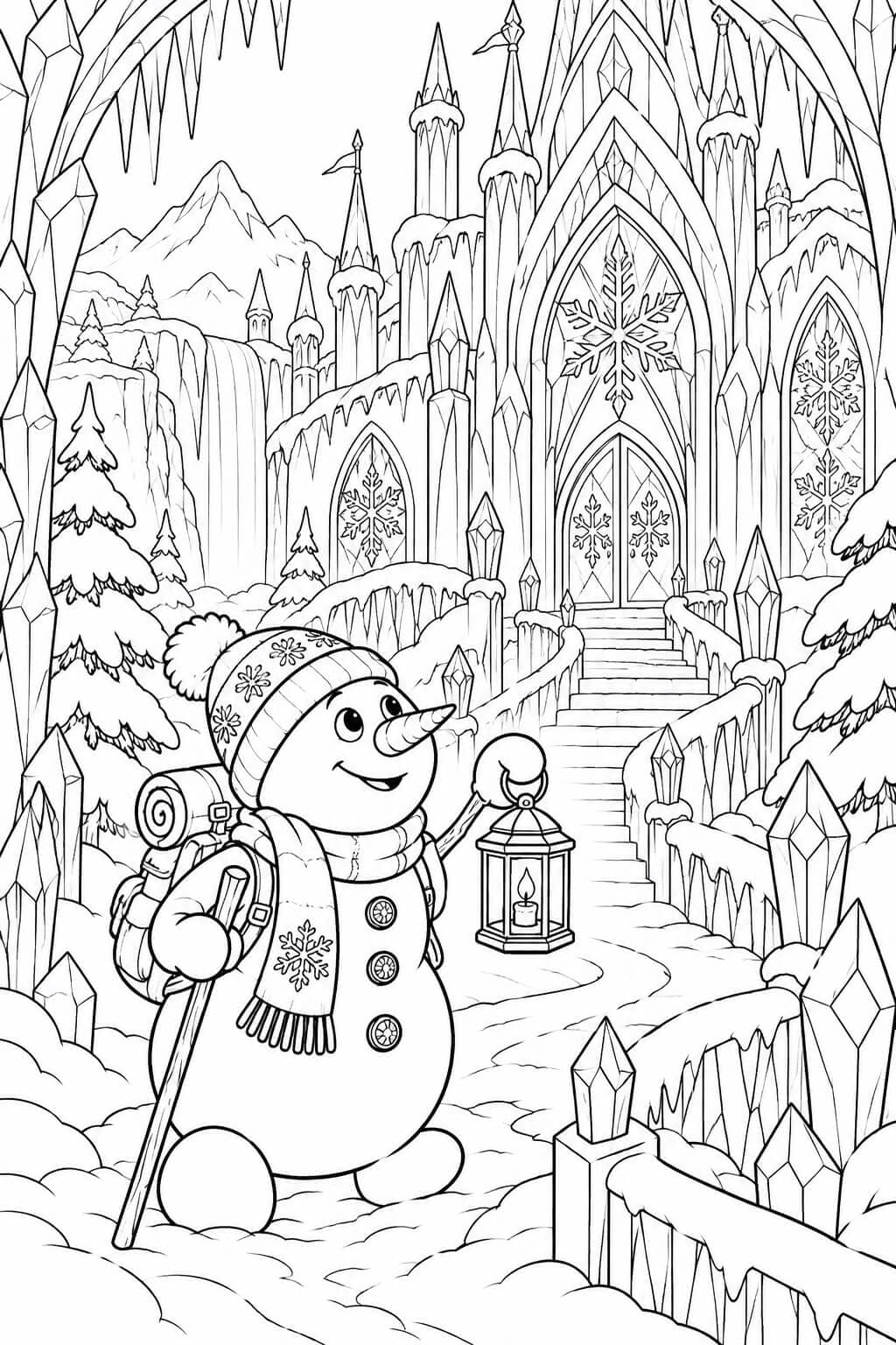 Schneemann vor einem magischen Eisschloss Ausmalbild