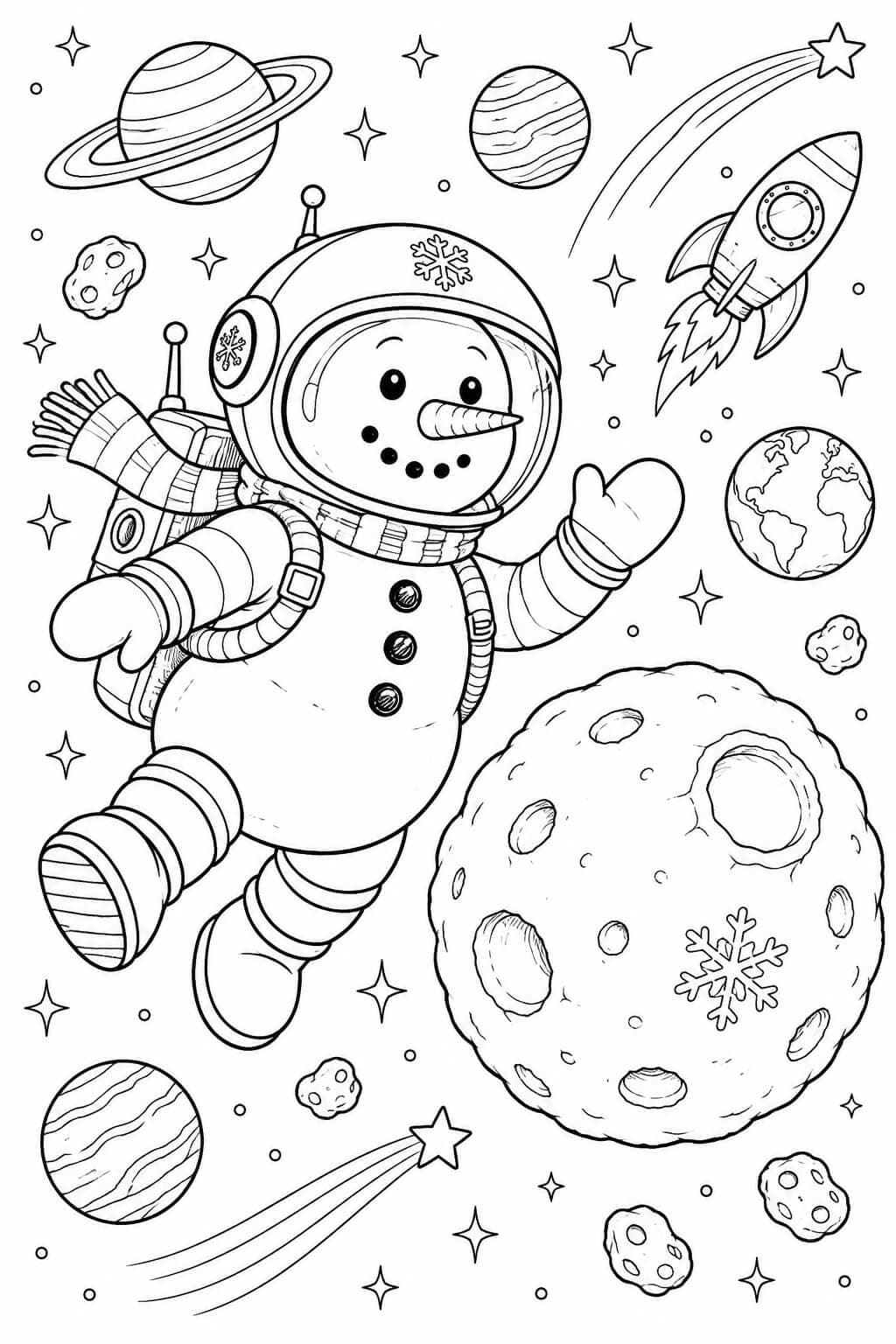 Schneemann Astronaut im Weltall Ausmalbild