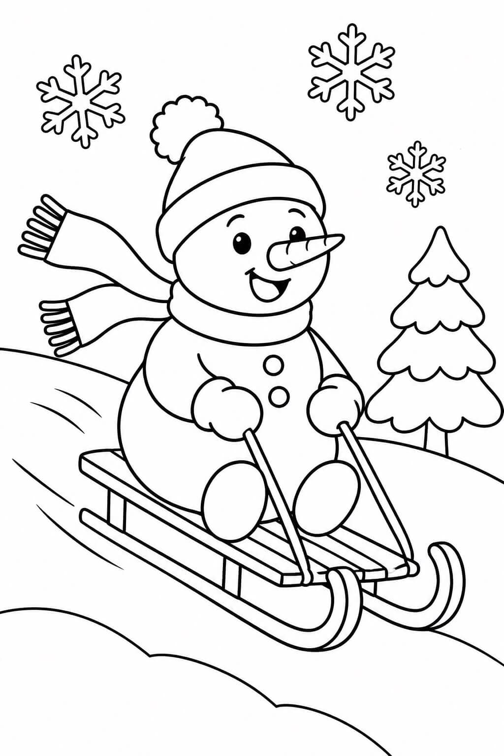 Schneemann fährt Schlitten Ausmalbild