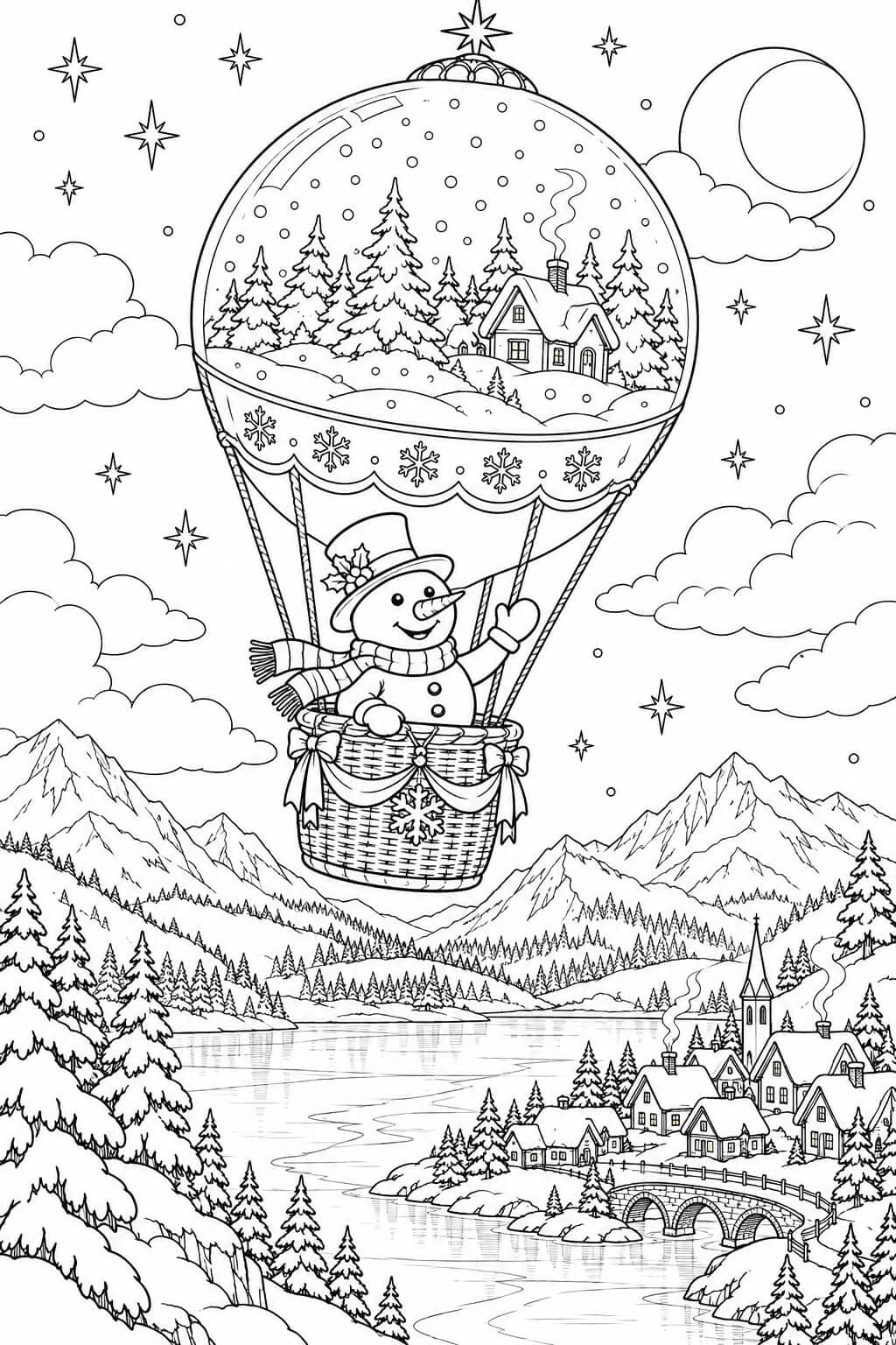 Schneemann in einem Schneekugel Heißluftballon Ausmalbild