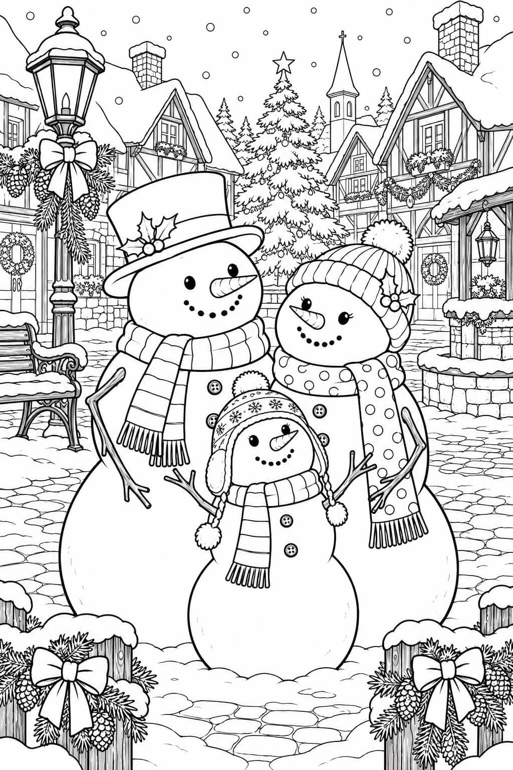 Schneemannfamilie im Winterdorf Ausmalbild