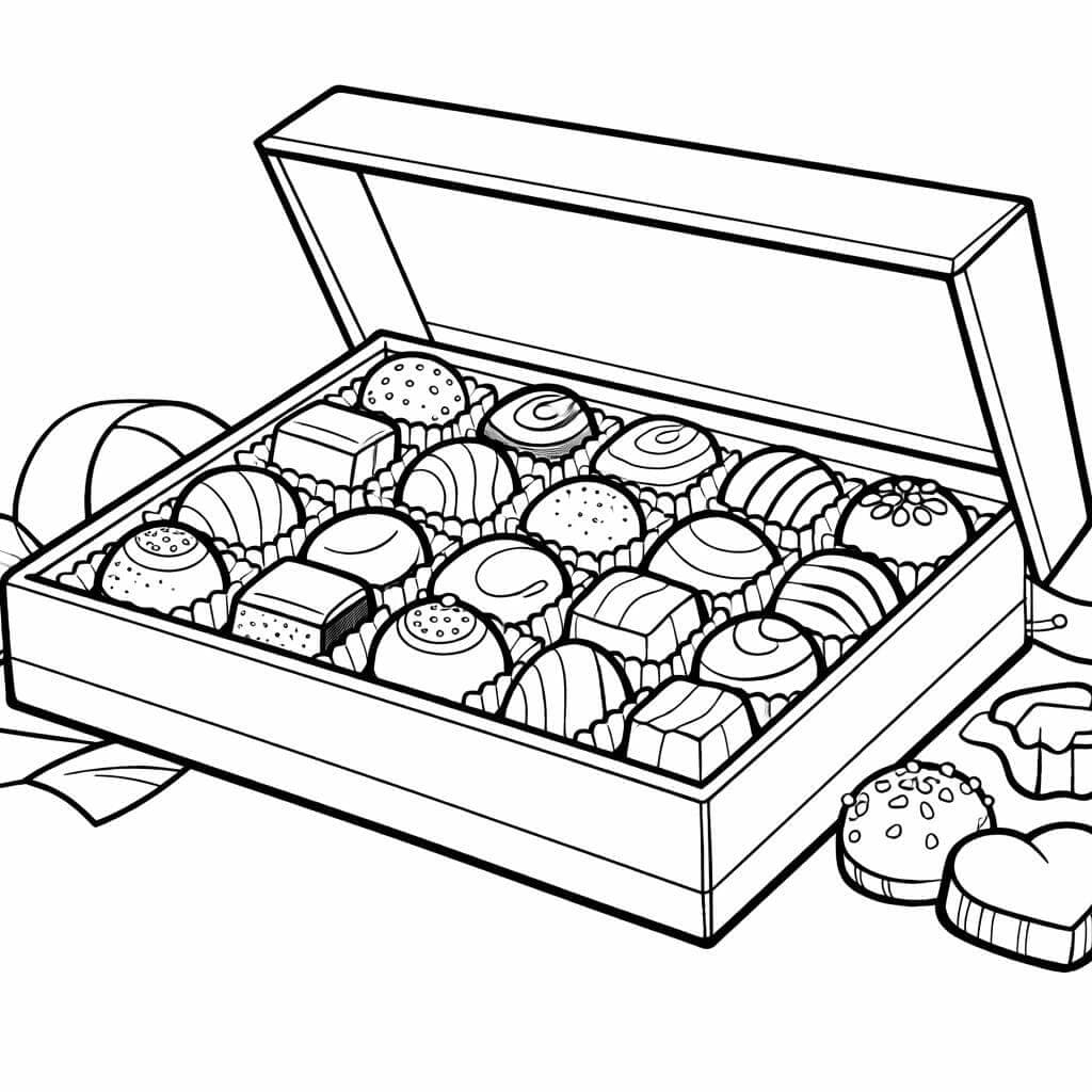 Klassische Pralinen in offener Schachtel Ausmalbild