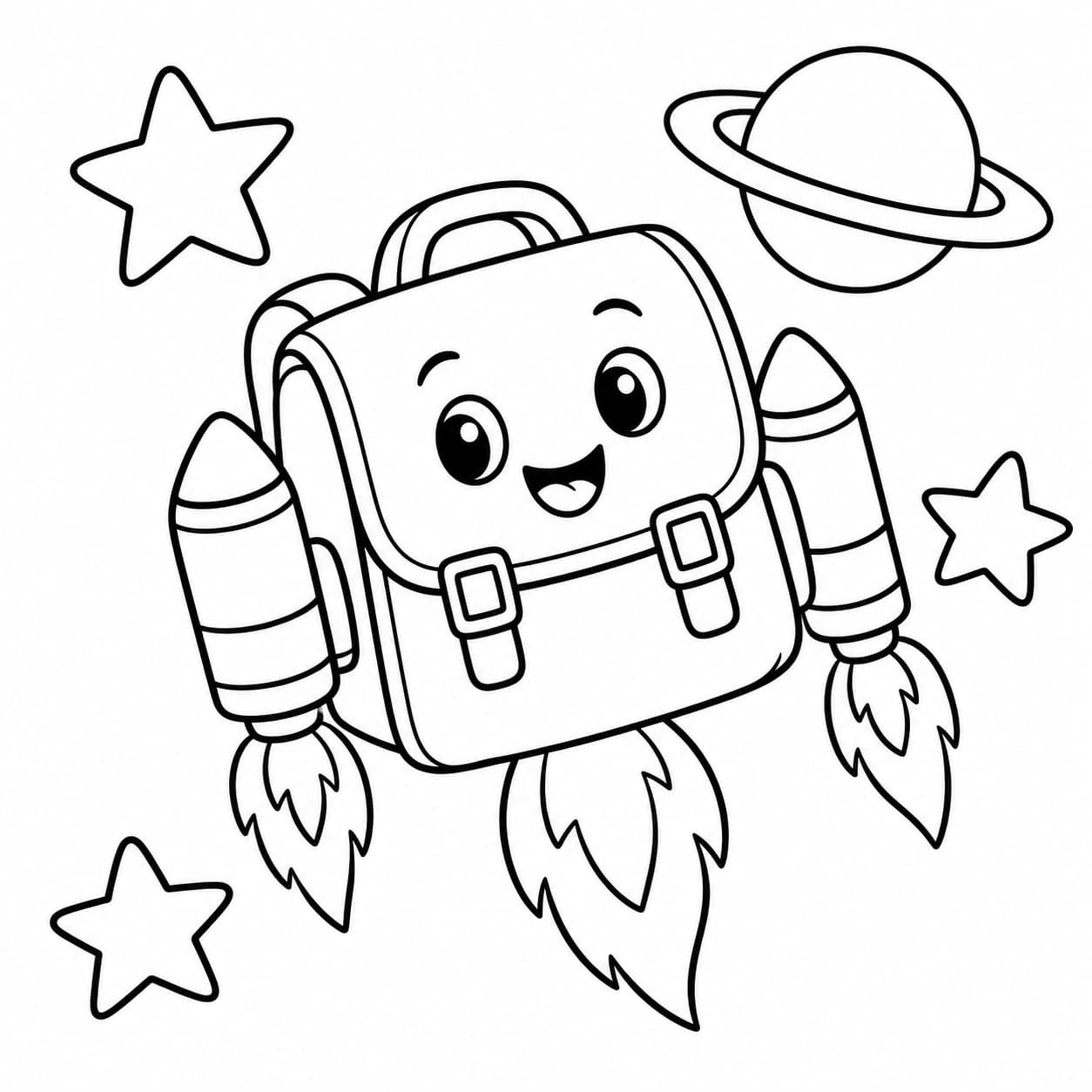 Schulranzen auf Weltraumreise – einfache Malvorlage für Kinder in Schwarz-Weiß