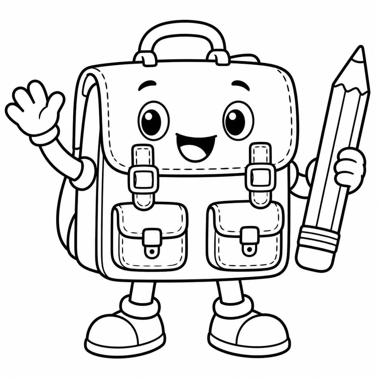 Ein Schulranzen als Roboter – einfache Malvorlage für Kinder in Schwarz-Weiß