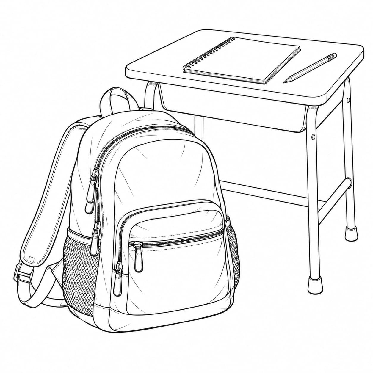 Schulrucksack am Schreibtisch – realistische Malvorlage in Schwarz-Weiß