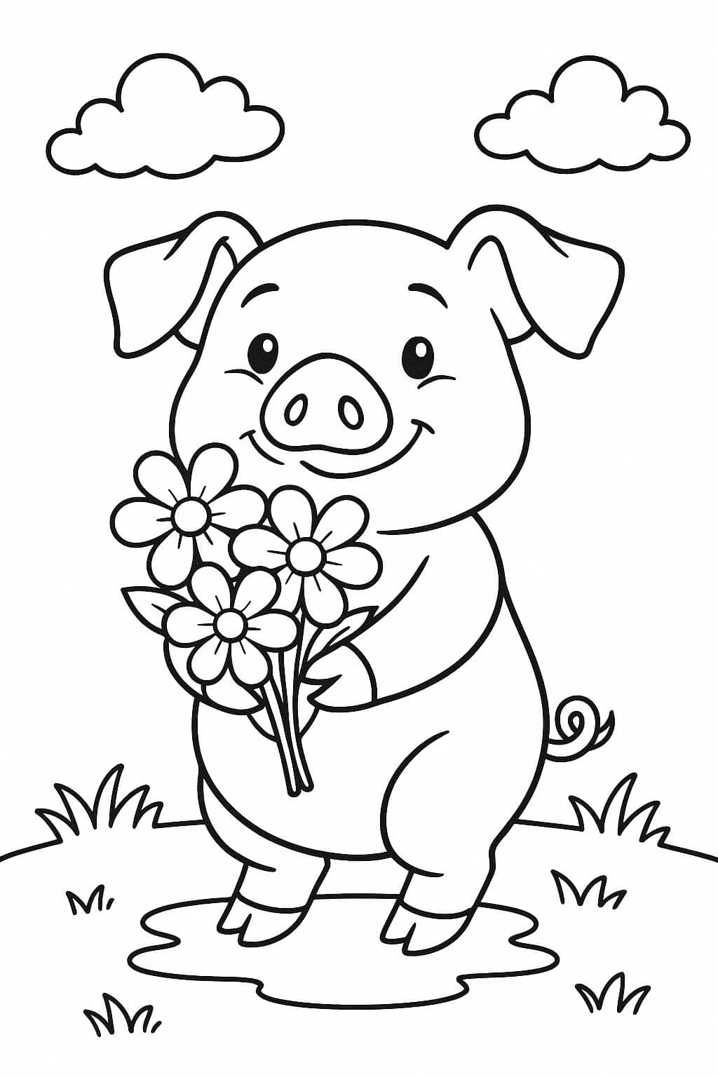 Schwein mit Blumen Ausmalbild
