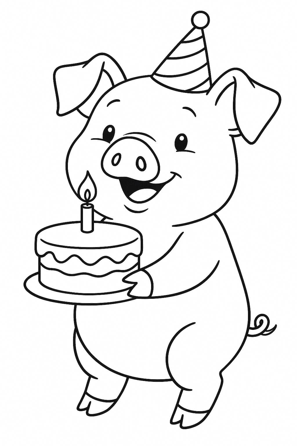 Schwein mit Geburtstagstorte Ausmalbild