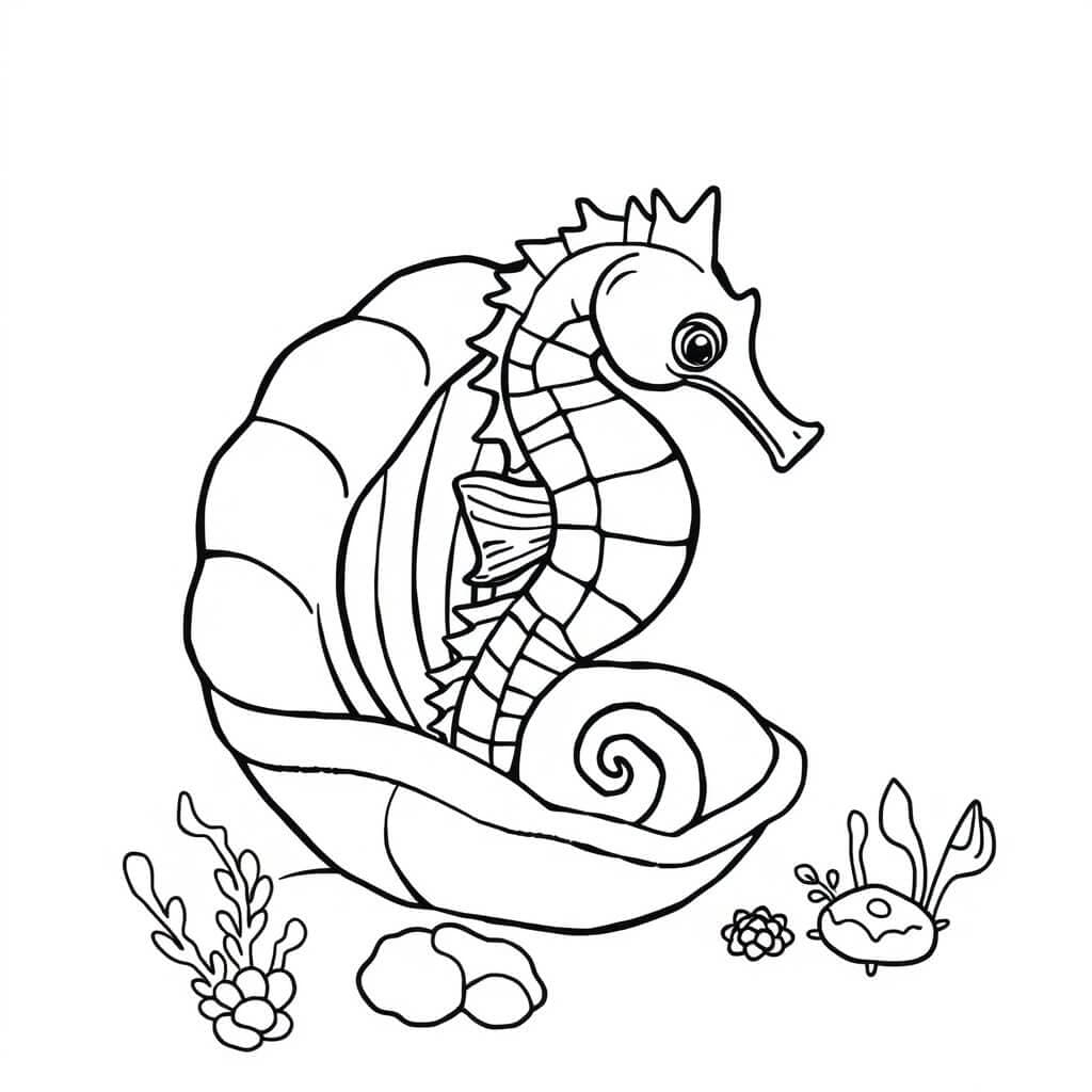 Seepferdchen in Muschel Ausmalbild