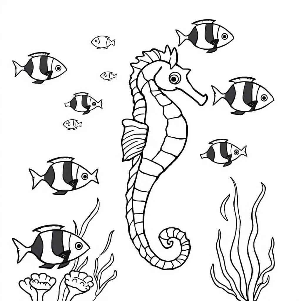 Seepferdchen schwimmt mit Fischen Ausmalbild