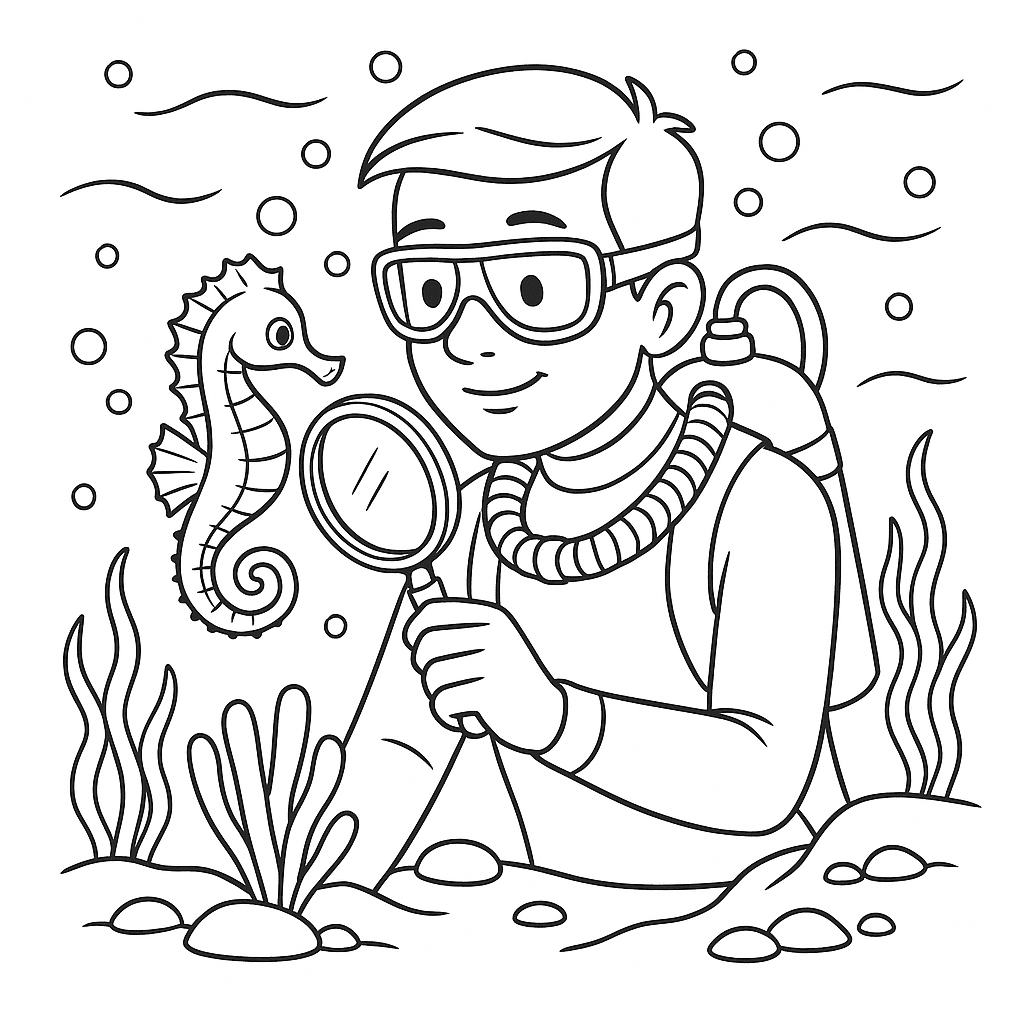 Seepferdchen und Biologe Ausmalbild