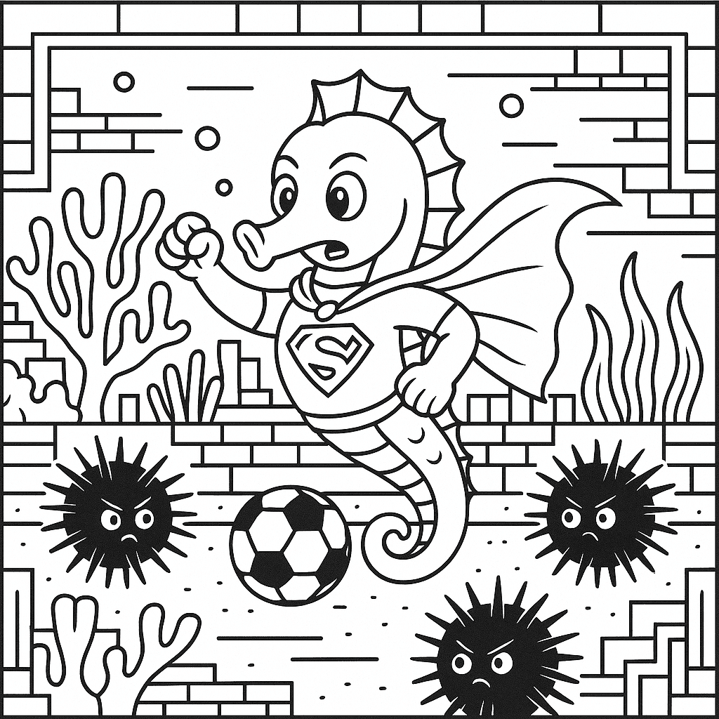 Super-Seepferdchen spielt Fußball Ausmalbild