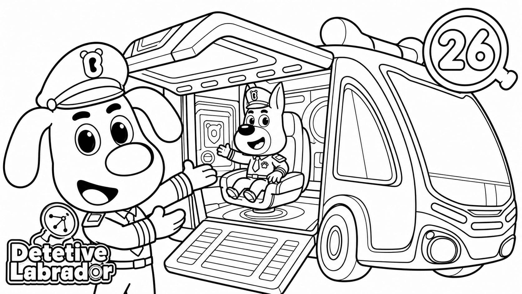 Sheriff Labrador neben einem Bus – Ausmalbild