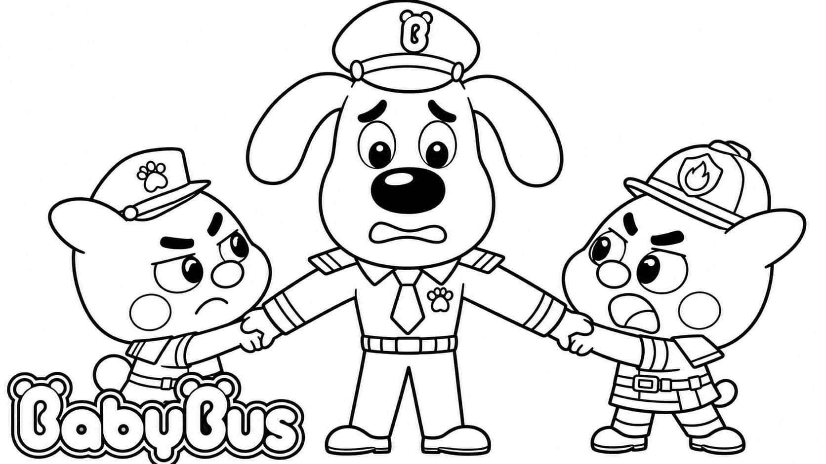 Sheriff Labrador und zwei Figuren von BabyBus – Ausmalbild