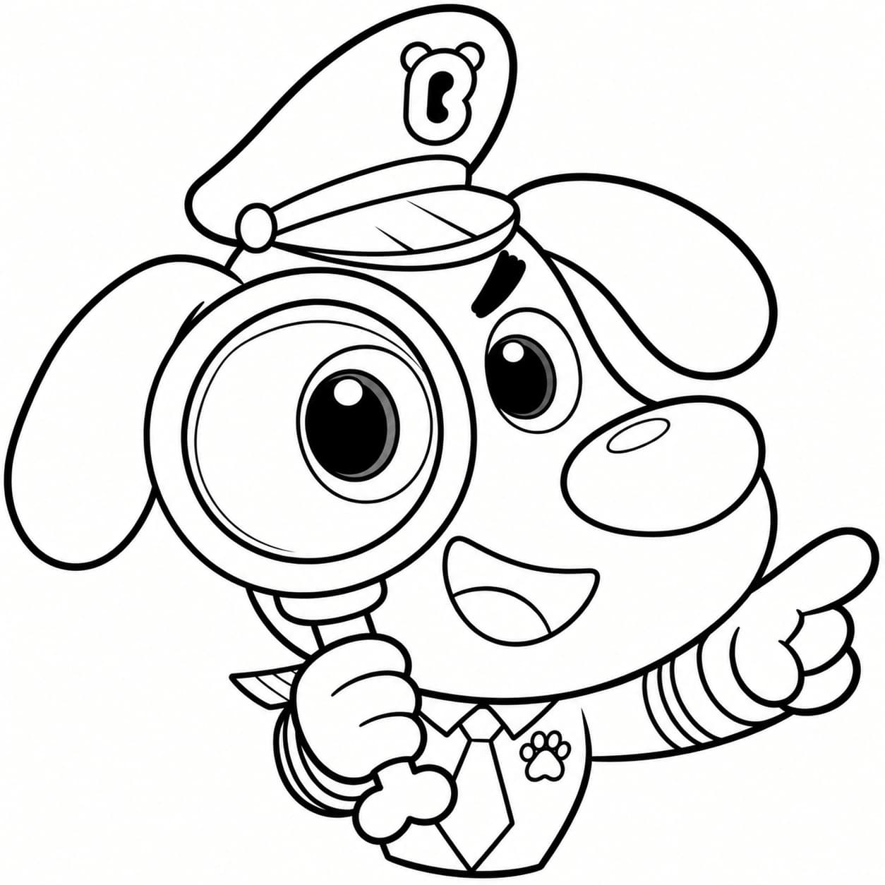 Sheriff Labrador schaut durch eine Lupe – Ausmalbild