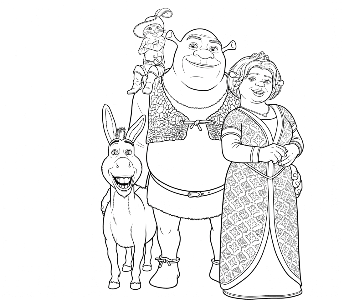Shrek, Esel, Gestiefelter Kater und Fiona Ausmalbild