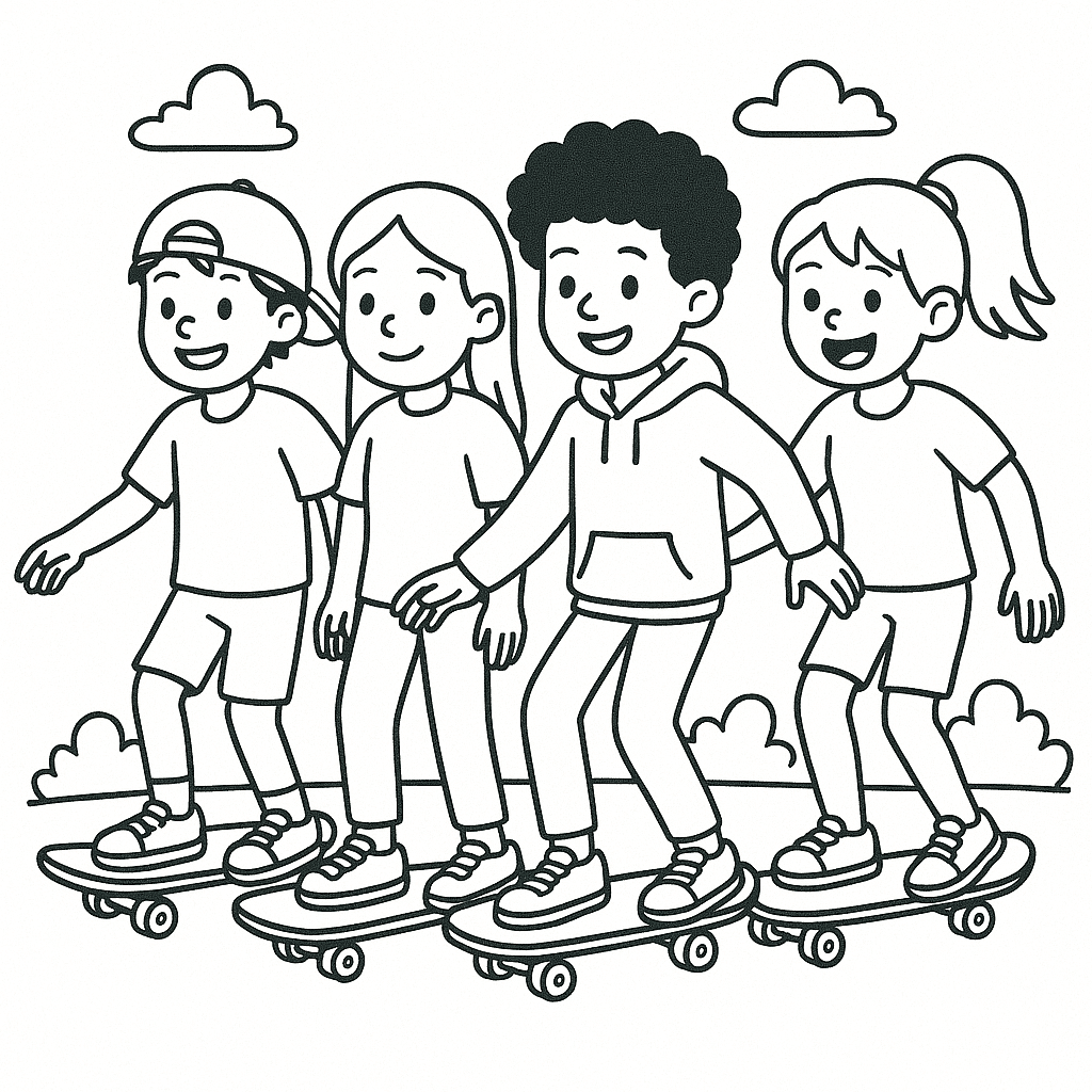 Freunde auf dem Skateboard Ausmalbild