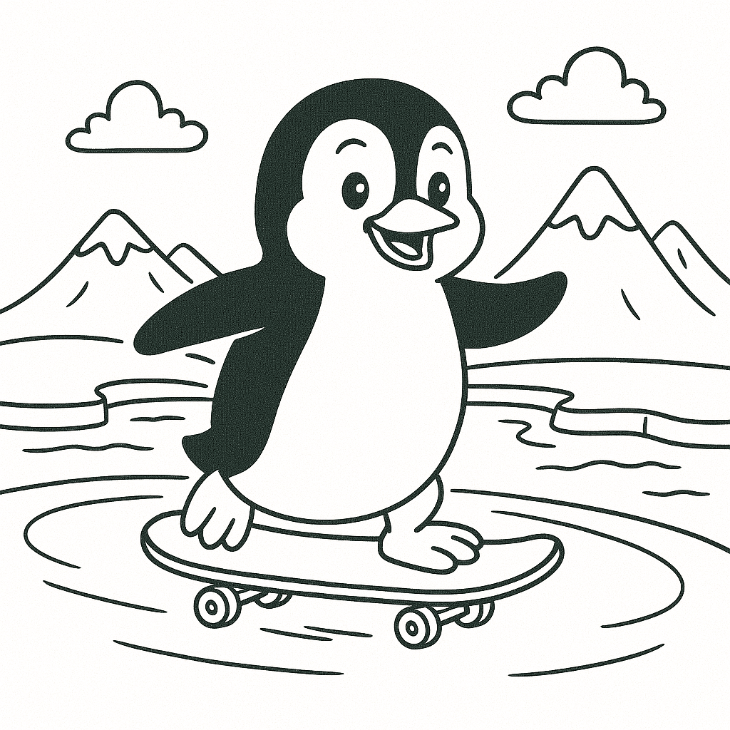 Pinguin fährt Skateboard auf Eis Ausmalbild