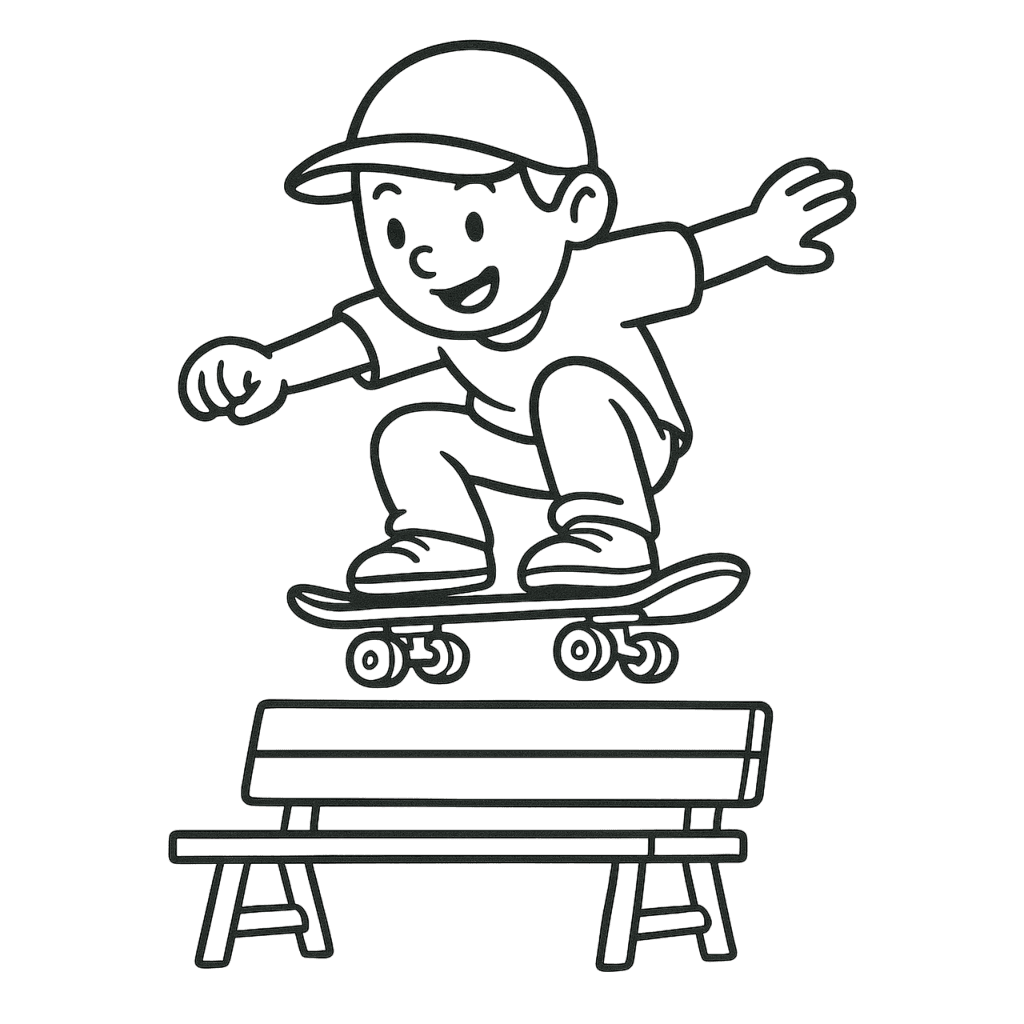Skater springt über die Bank Ausmalbild