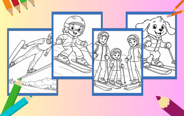 Skifahren Ausmalbilder mit Kindern auf Skiern und abwechslungsreichen Wintersportmotiven