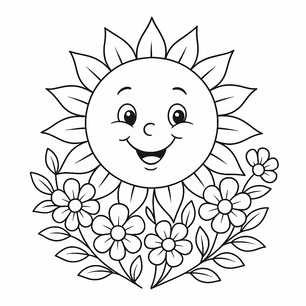 Sonne mit Blumen Ausmalbild