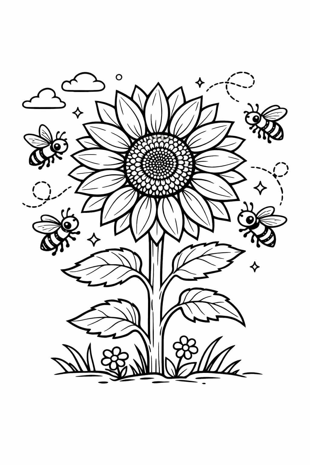 Sonnenblume mit fliegenden Bienen Ausmalbild
