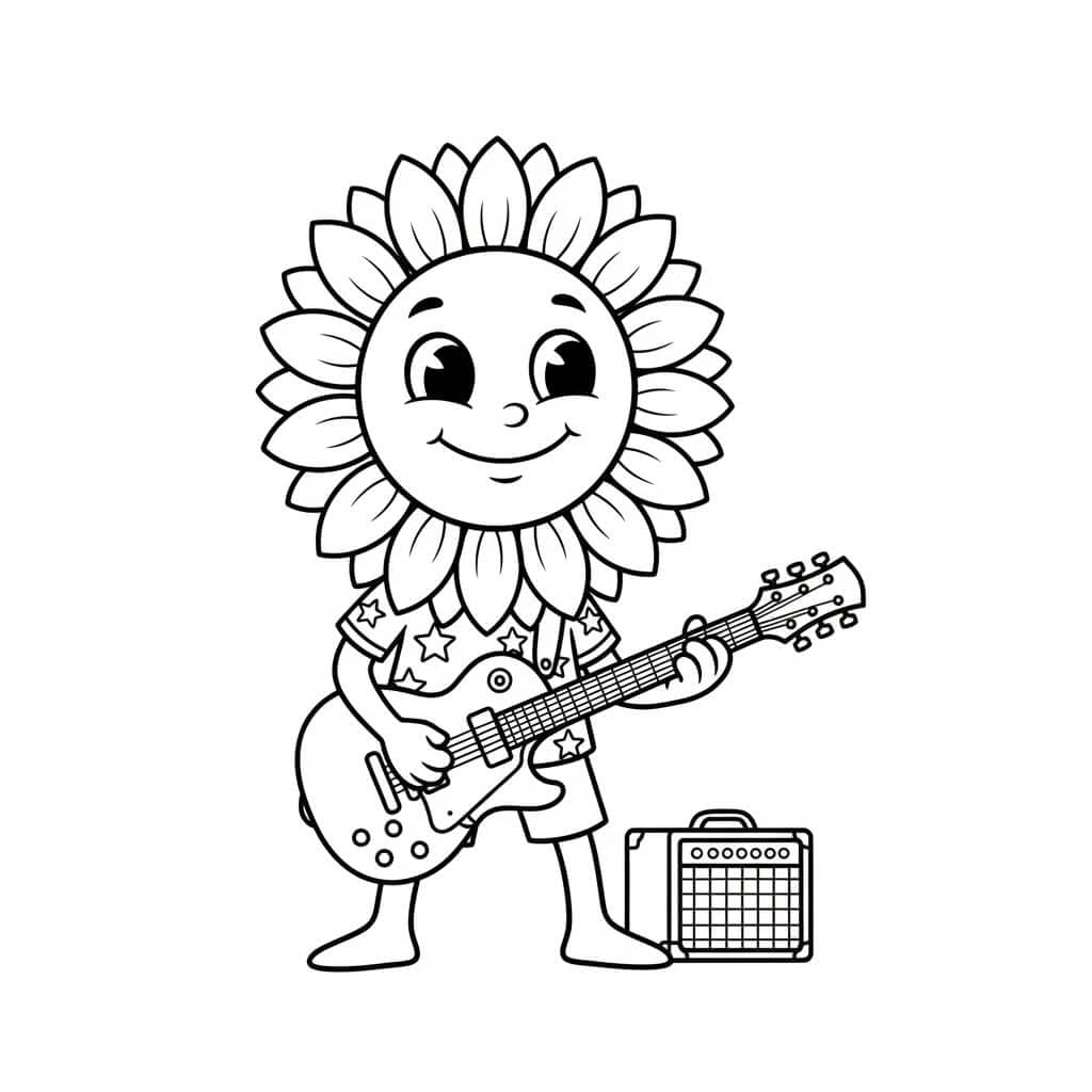 Sonnenblume spielt Gitarre Ausmalbild
