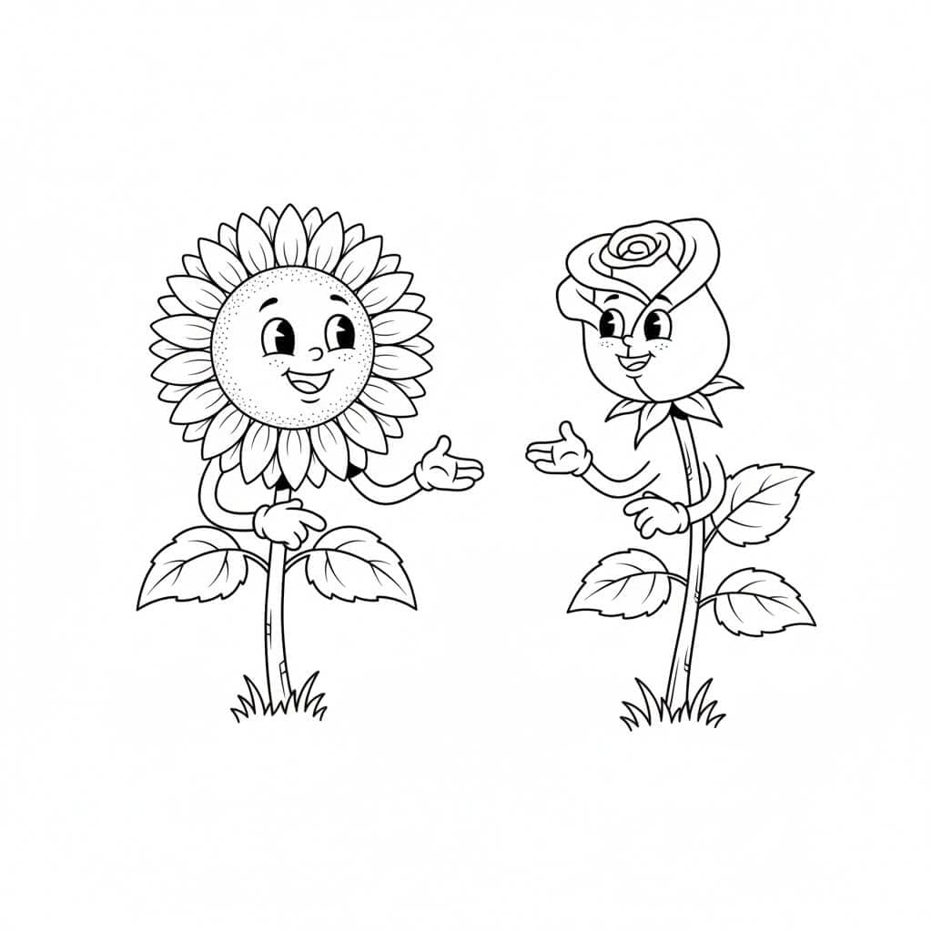 Sonnenblume und Rose Ausmalbild