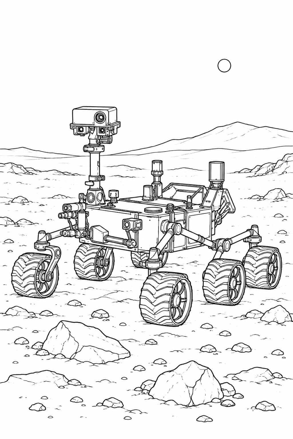 Realistischer sechsrädriger Mars-Rover vor Hügeln und Steinen in Schwarz-Weiß