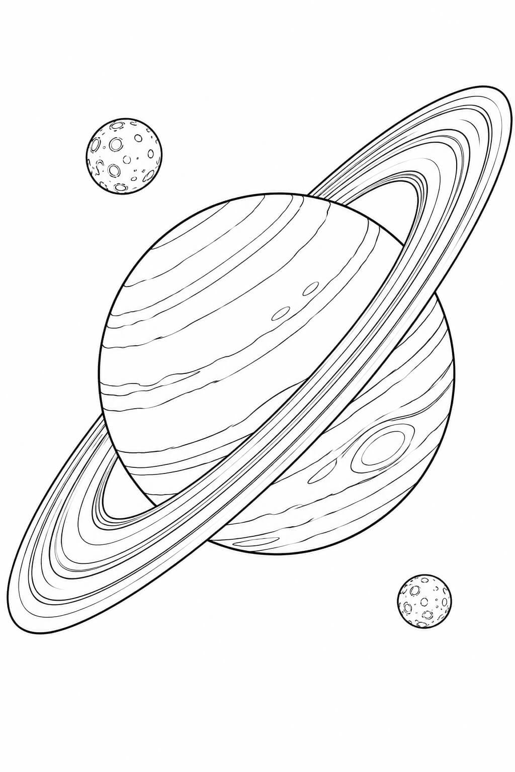 Realistischer Saturn mit schräg verlaufenden Ringen und kleinen Monden als Schwarz-Weiß-Ausmalbild
