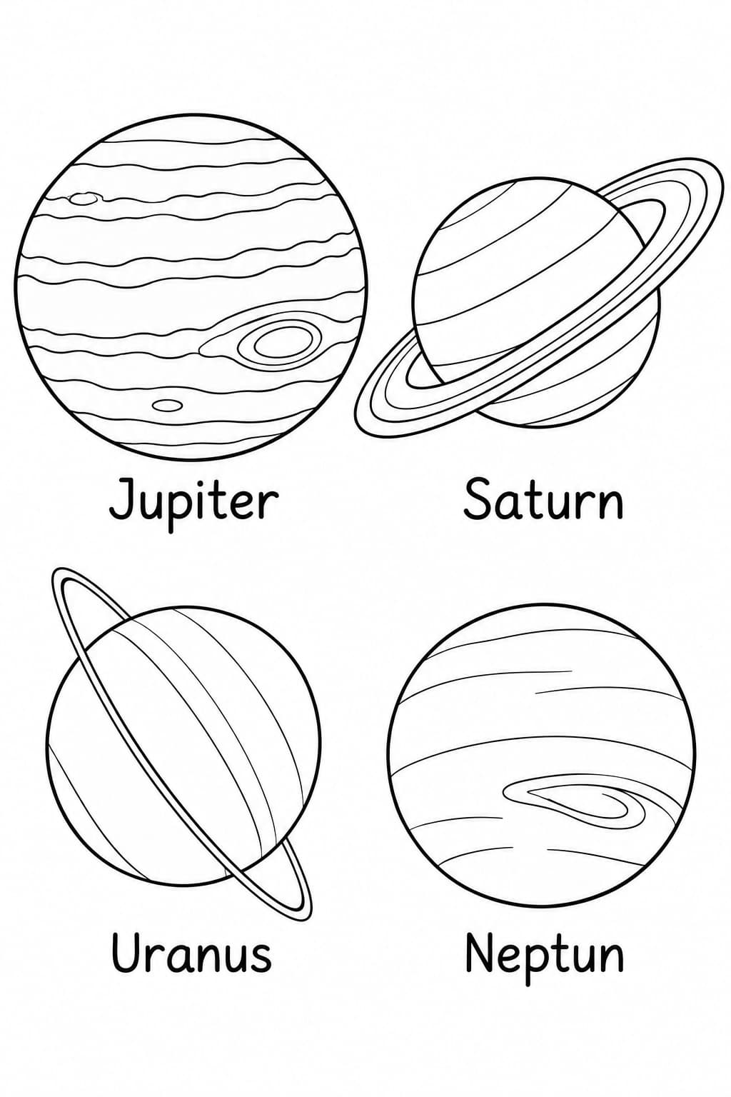 Beschriftete Lernvorlage mit Jupiter, Saturn, Uranus und Neptun