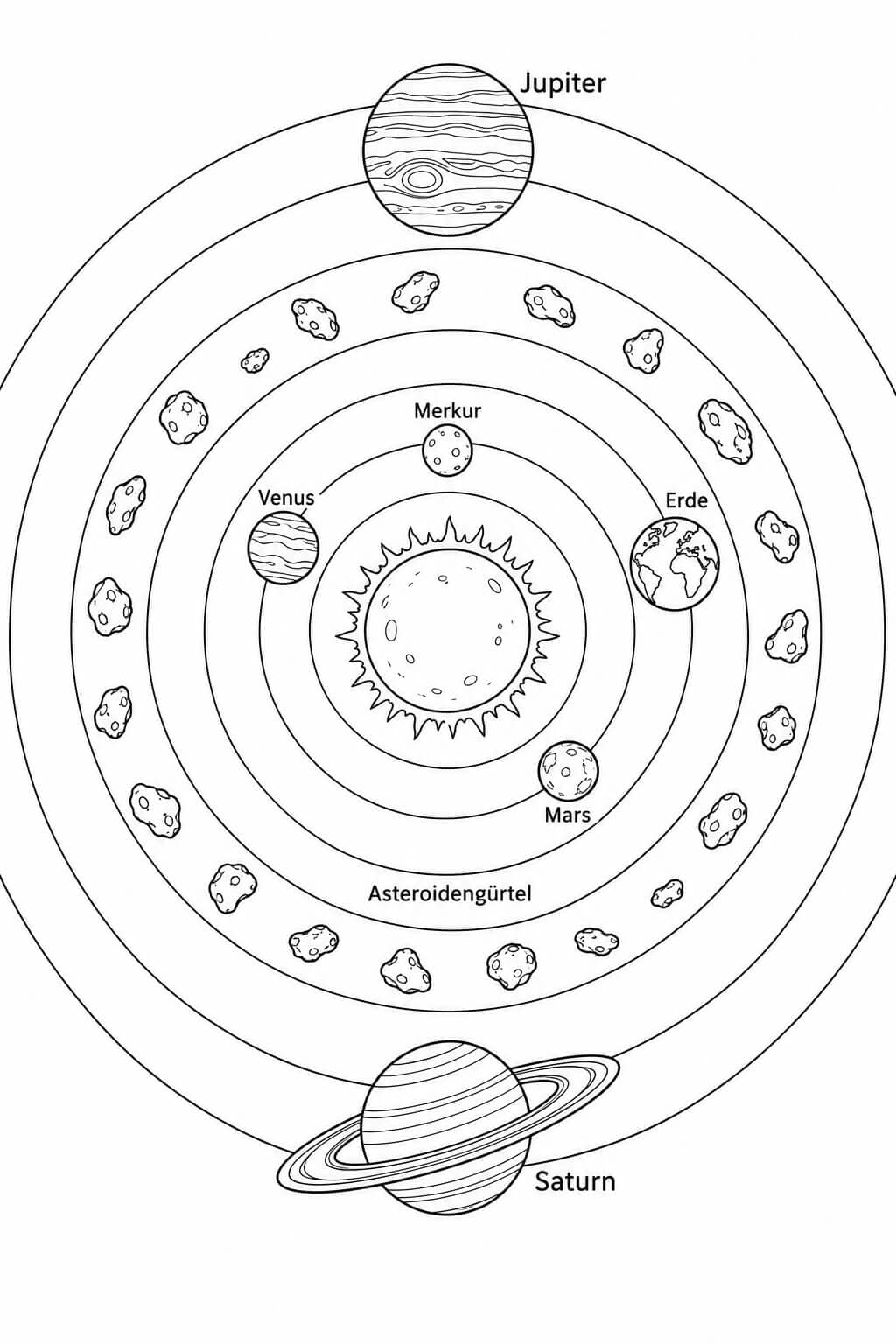 Schematisches Sonnensystem mit Planetenbahnen und Asteroidengürtel zwischen Mars und Jupiter