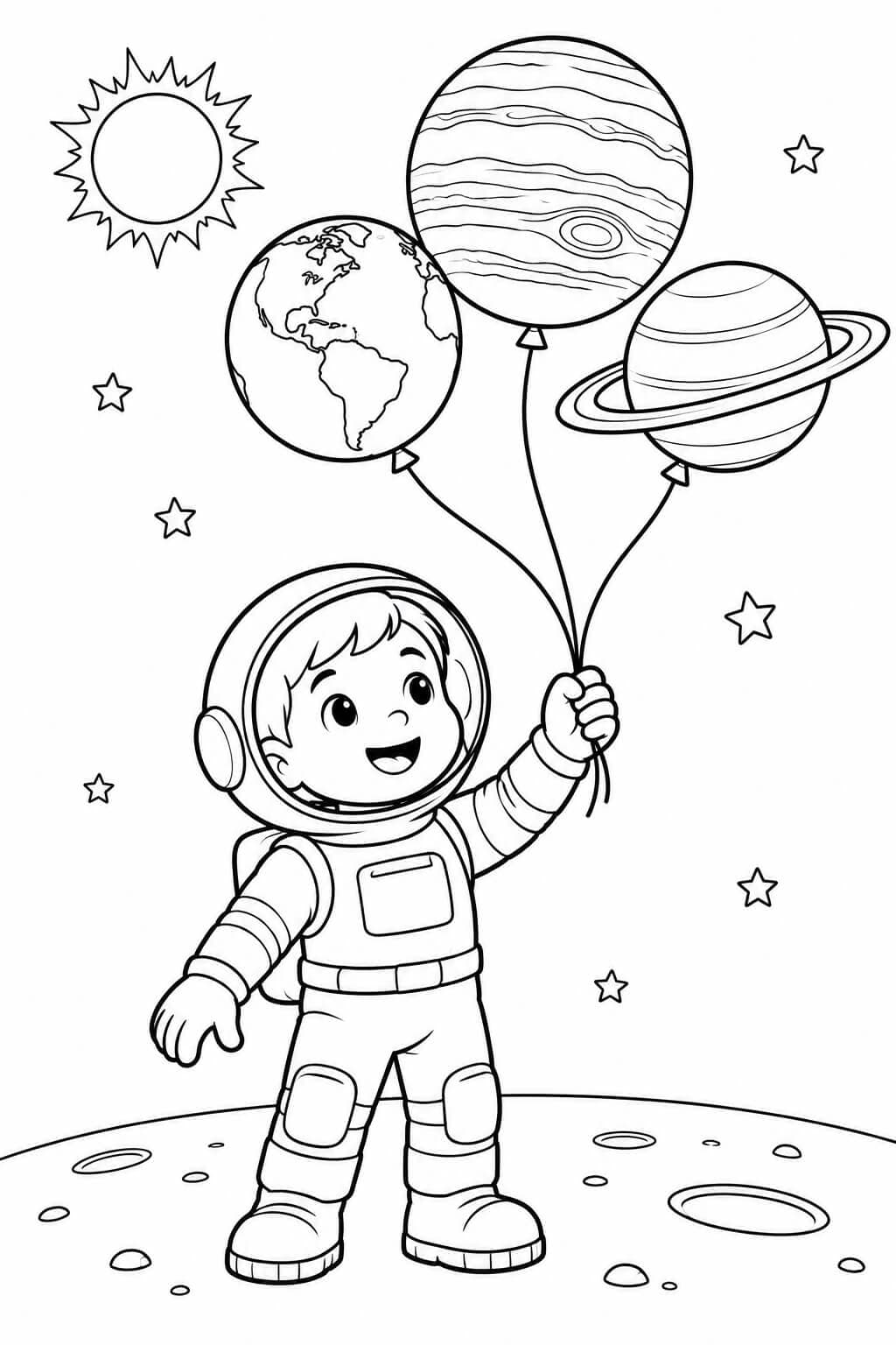 Kinderastronaut mit drei Luftballons in Form von Erde, Jupiter und Saturn