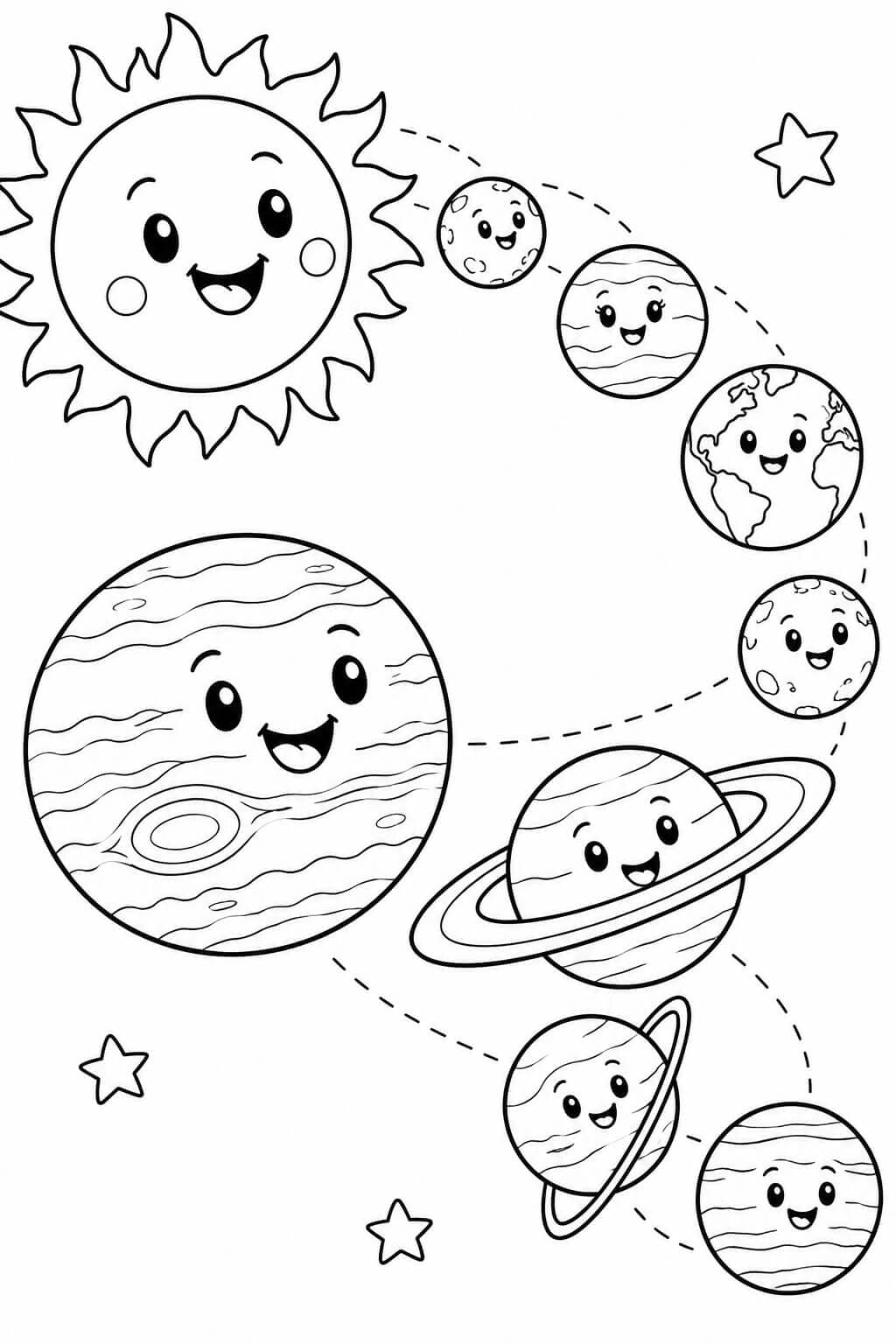 Einfaches Sonnensystem mit Sonne und acht freundlichen Planeten als Ausmalbild