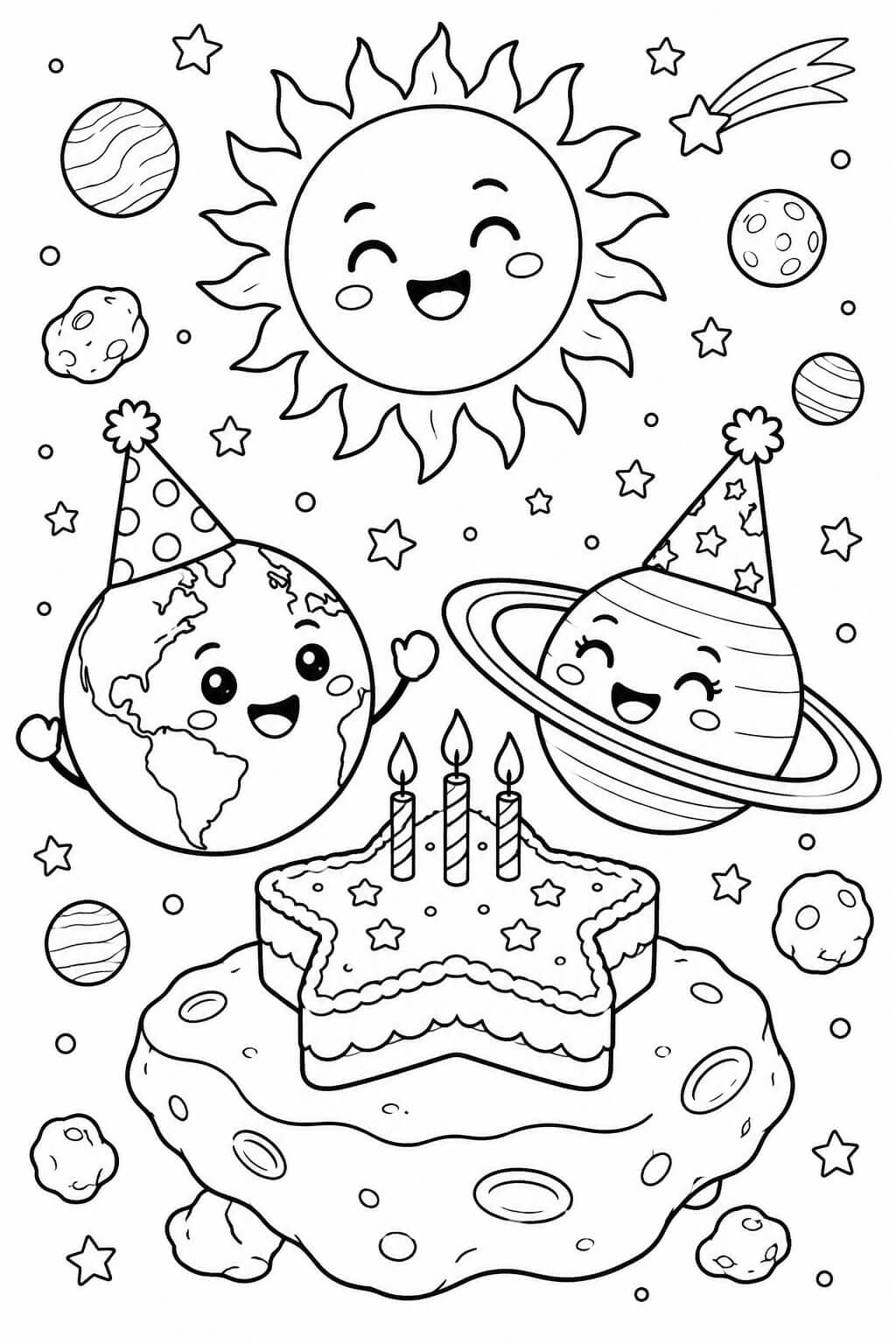 Erde und Saturn mit Partyhüten und einer Geburtstagstorte in Sternform