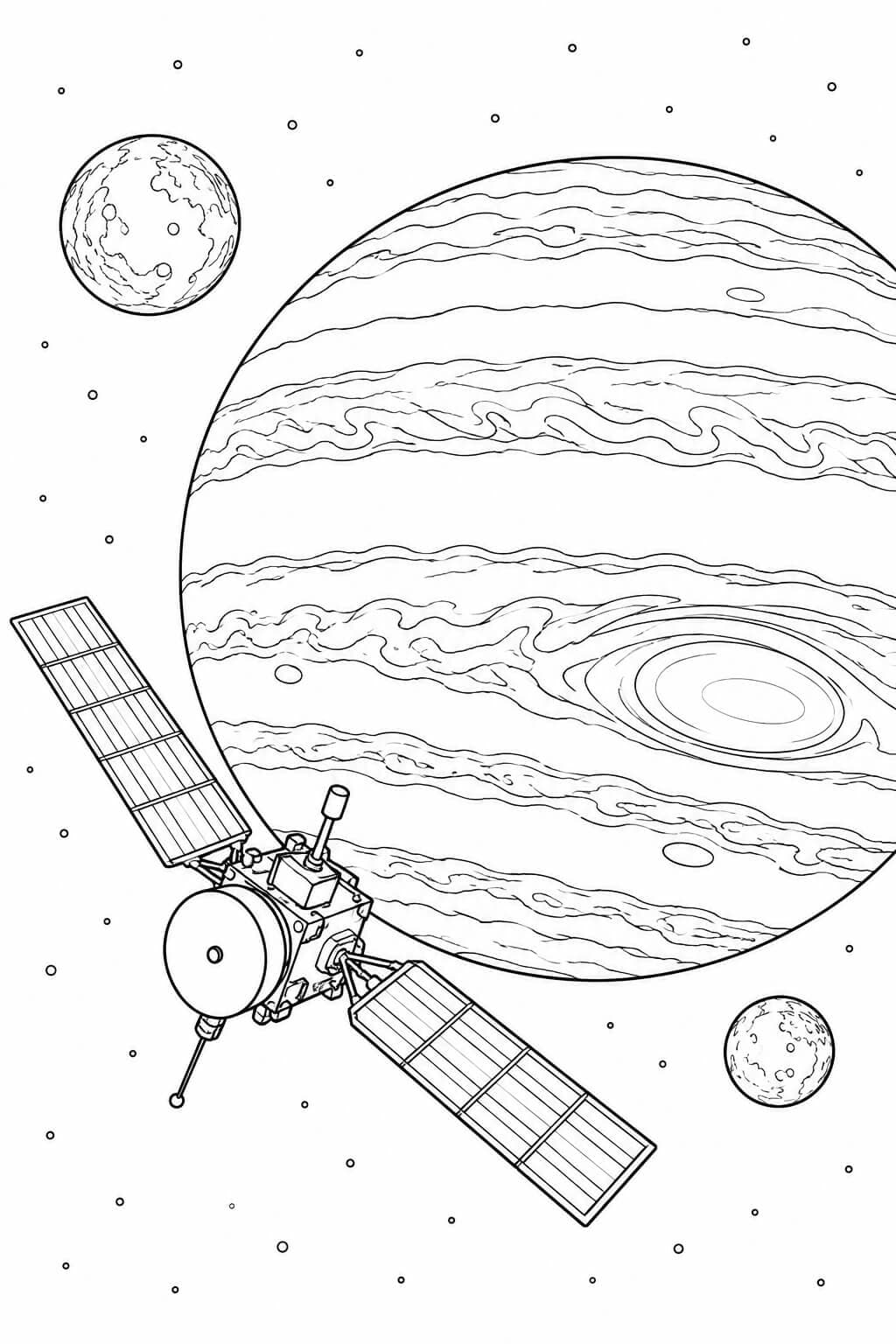 Raumsonde mit Solarmodulen vor Jupiter mit Wolkenbändern und ovalem Sturm