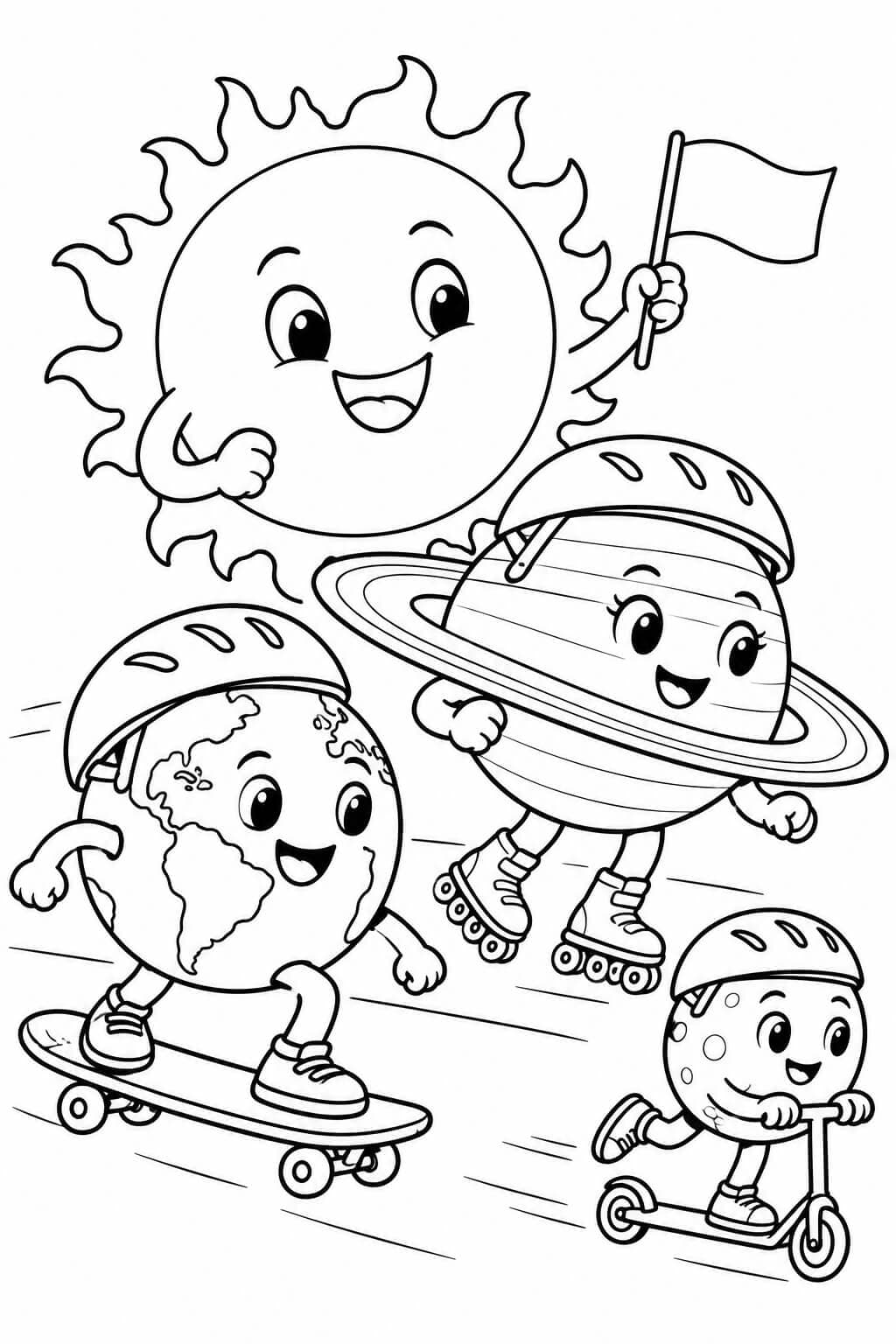 Erde, Saturn und Mars mit Helmen bei einem lustigen Rennen auf Skateboard, Rollschuhen und Roller