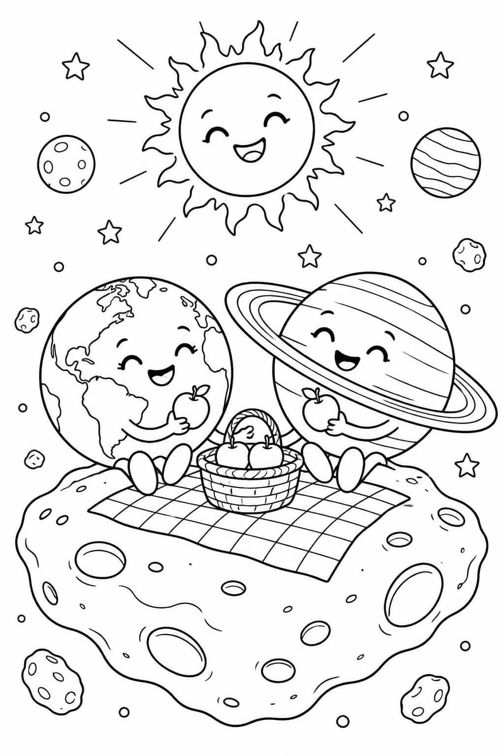 Erde und Saturn bei einem lustigen Picknick auf einem Asteroiden