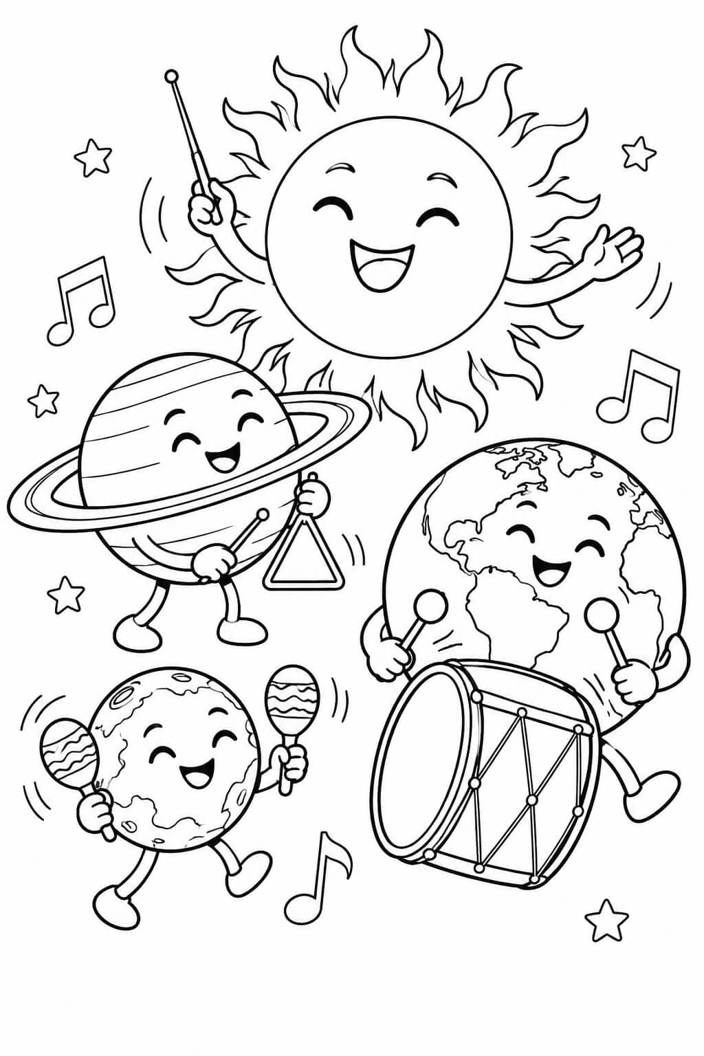 Lustige Planeten mit Musikinstrumenten und der Sonne als Dirigentin