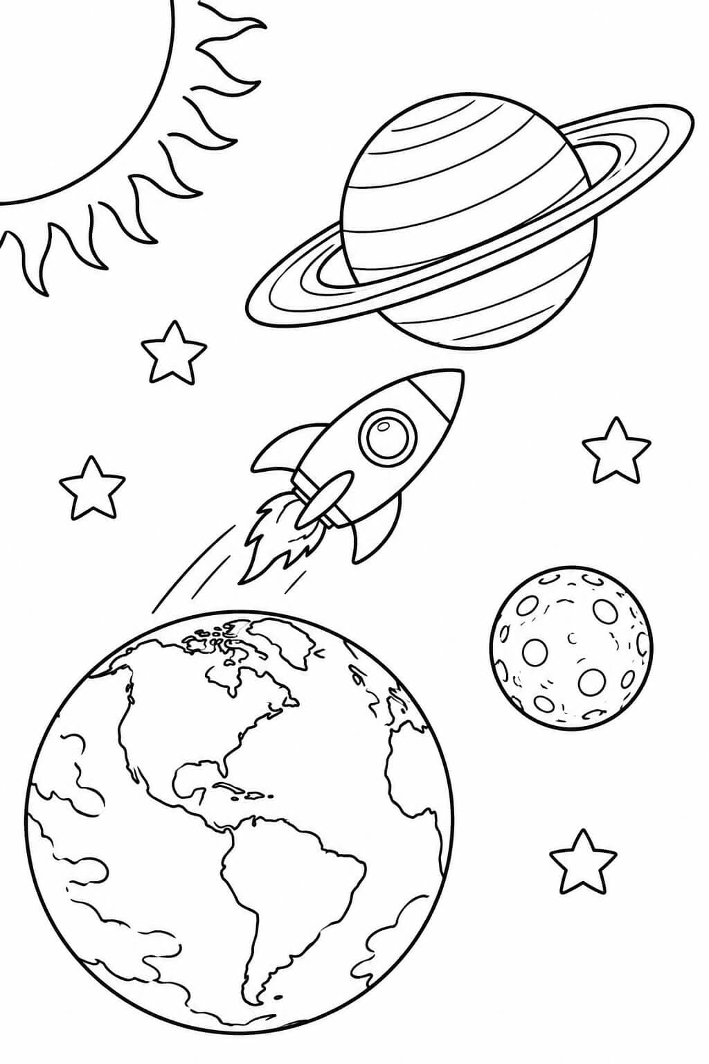 Einfache Rakete auf einer Reise zwischen Erde, Saturn und Merkur