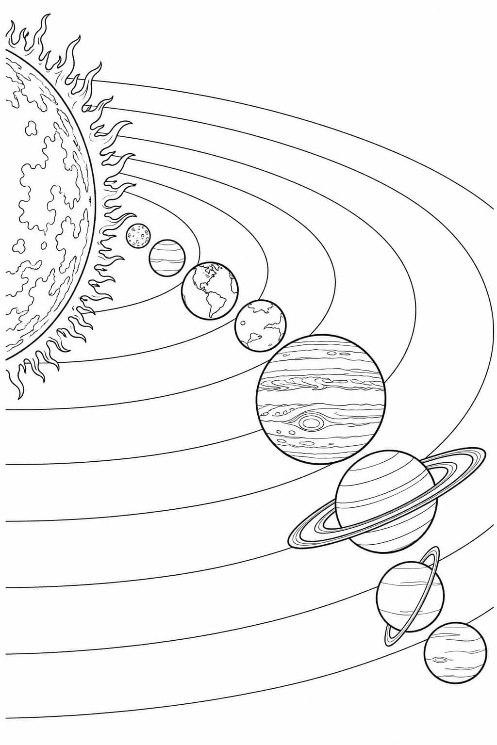 Realistisch gezeichnetes Sonnensystem mit acht Planeten in Schwarz-Weiß