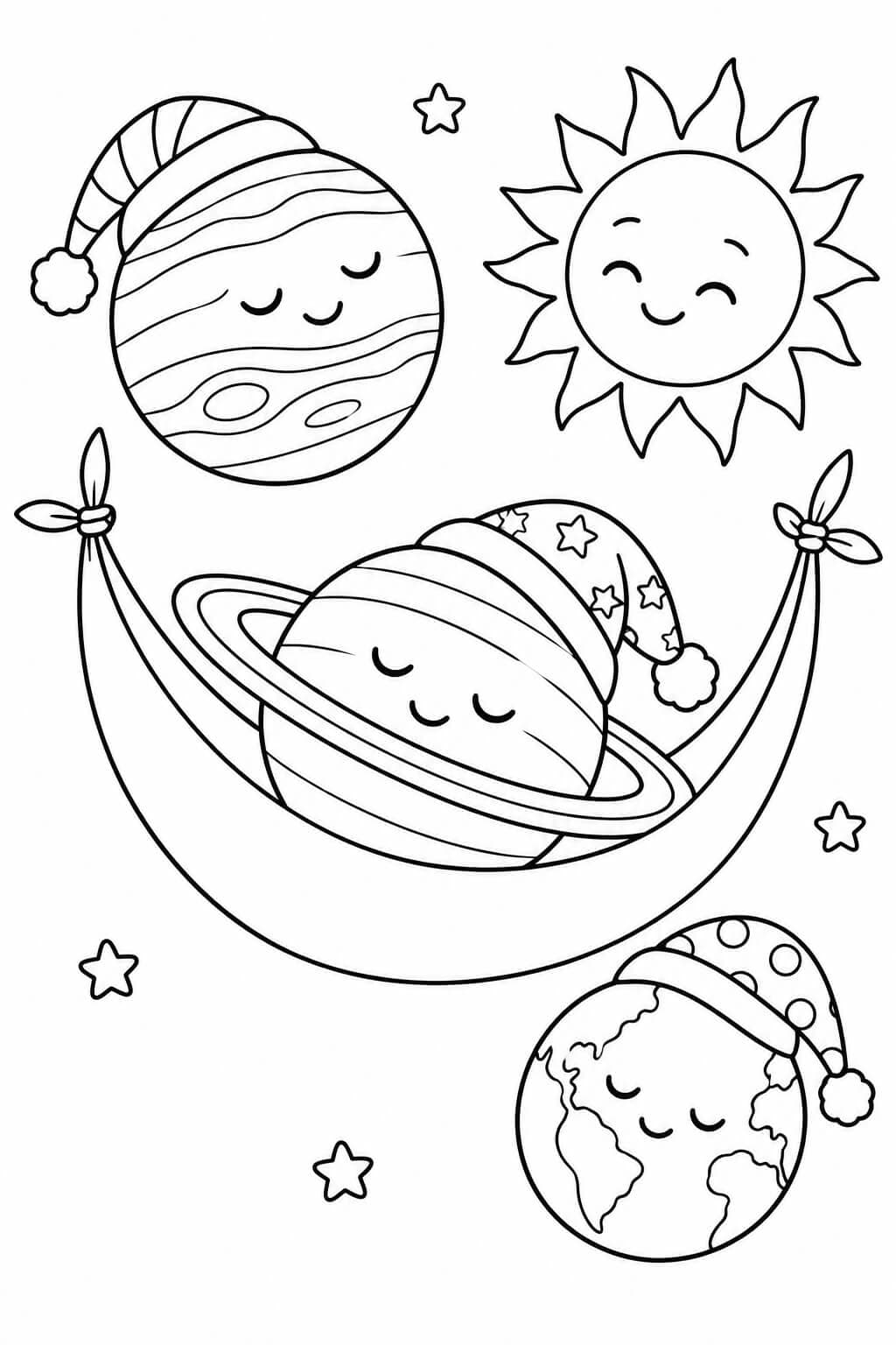 Schlafende Fantasieplaneten mit Nachtmützen und einer Hängematte