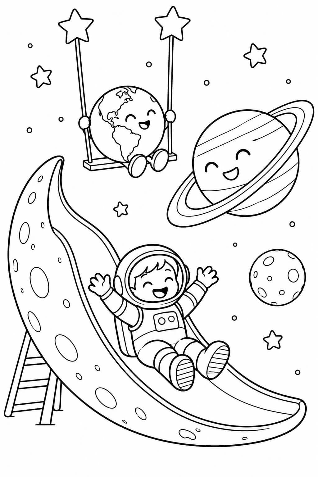 Einfacher Weltraumspielplatz mit Astronaut, Mondrutsche und Planetenschaukel