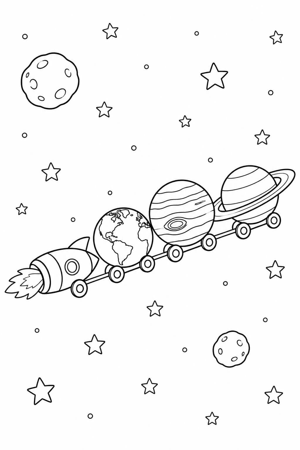 Fantasievoller Weltraumzug mit Raketenlok und drei Planetenwagen