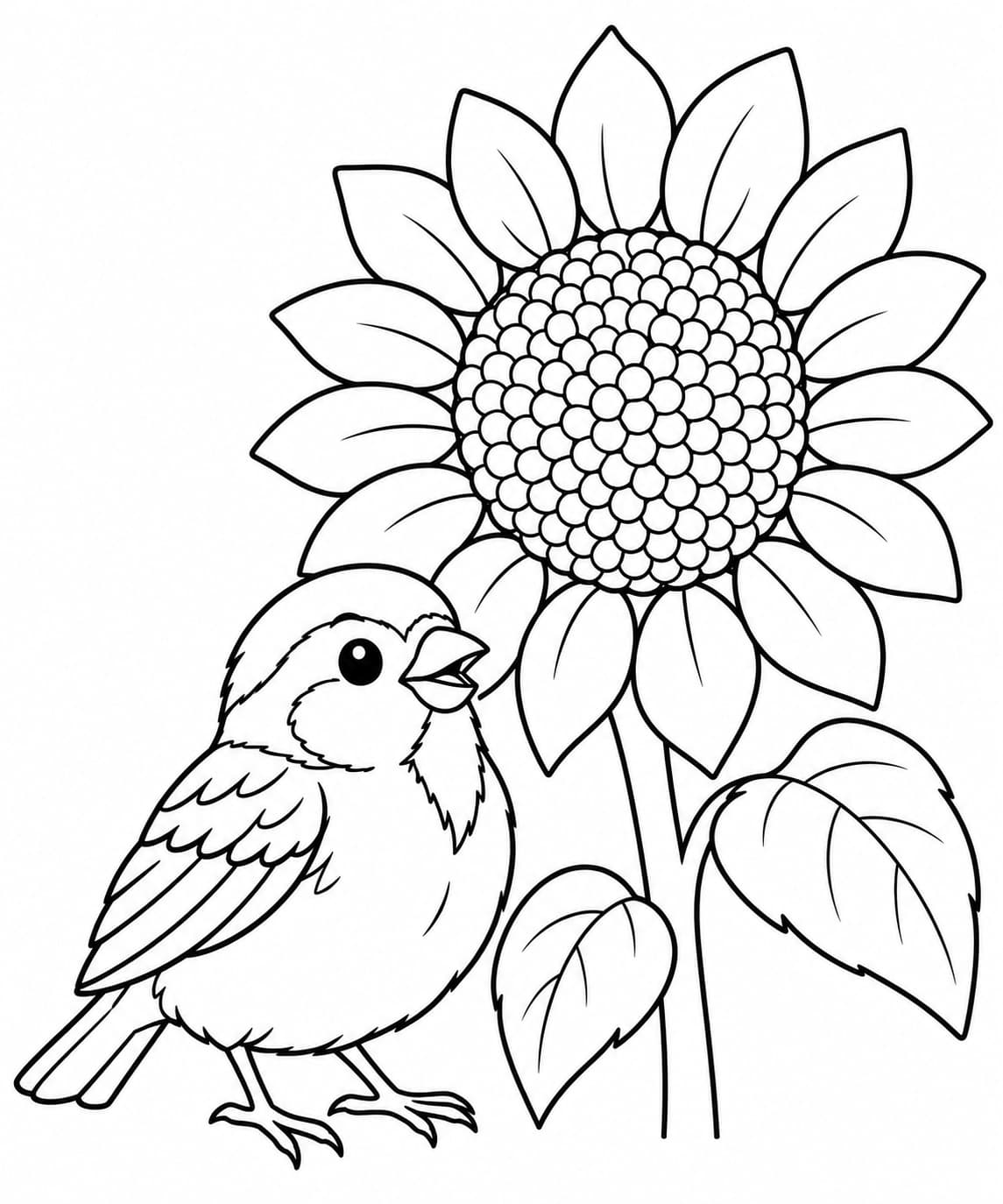 Spatz mit Sonnenblume Ausmalbild
