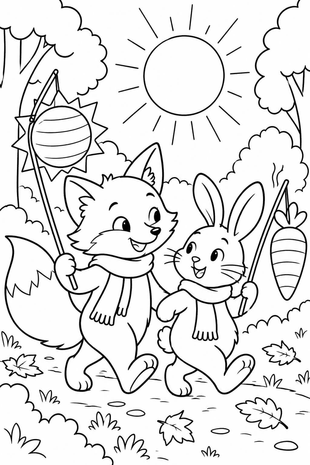 Fuchs und Hase beim Laternenfest – einfache Malvorlage für Kinder